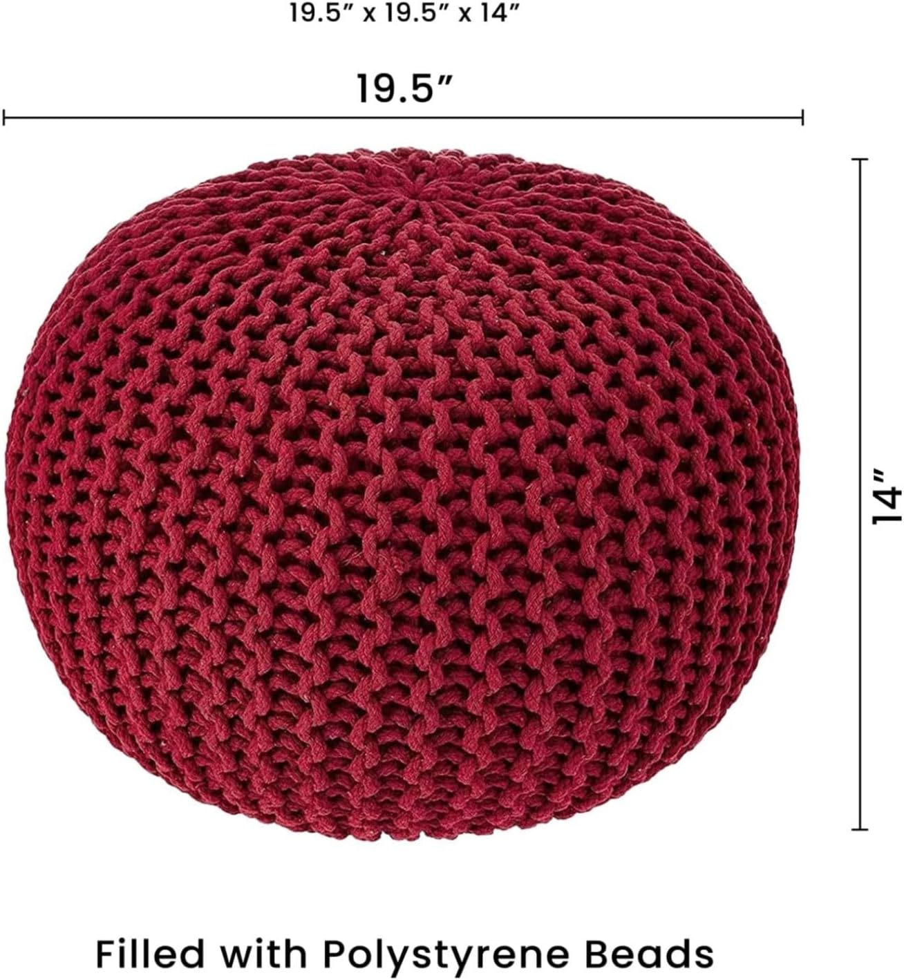 REDEARTH Round Pouf Ottoman - Hand Knitted Cable Boho Poof - Foot Stool Bean Bag - Home Décor Stuffed Footrest for Living Room - Nursery - Bedroom - 100% Cotton Poufs (19.5"x19.5"x14") - Red