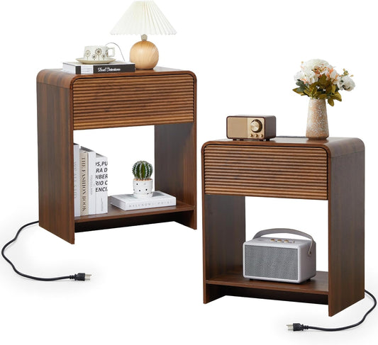 Fluted Nightstand Set of 2 with Charging Station, Modern Bed Side Table End Table with Drawer Storage, Large Wooden Night Stands Bedside for Bedroom Living Room Sofa Office, Walnut 2 Sets