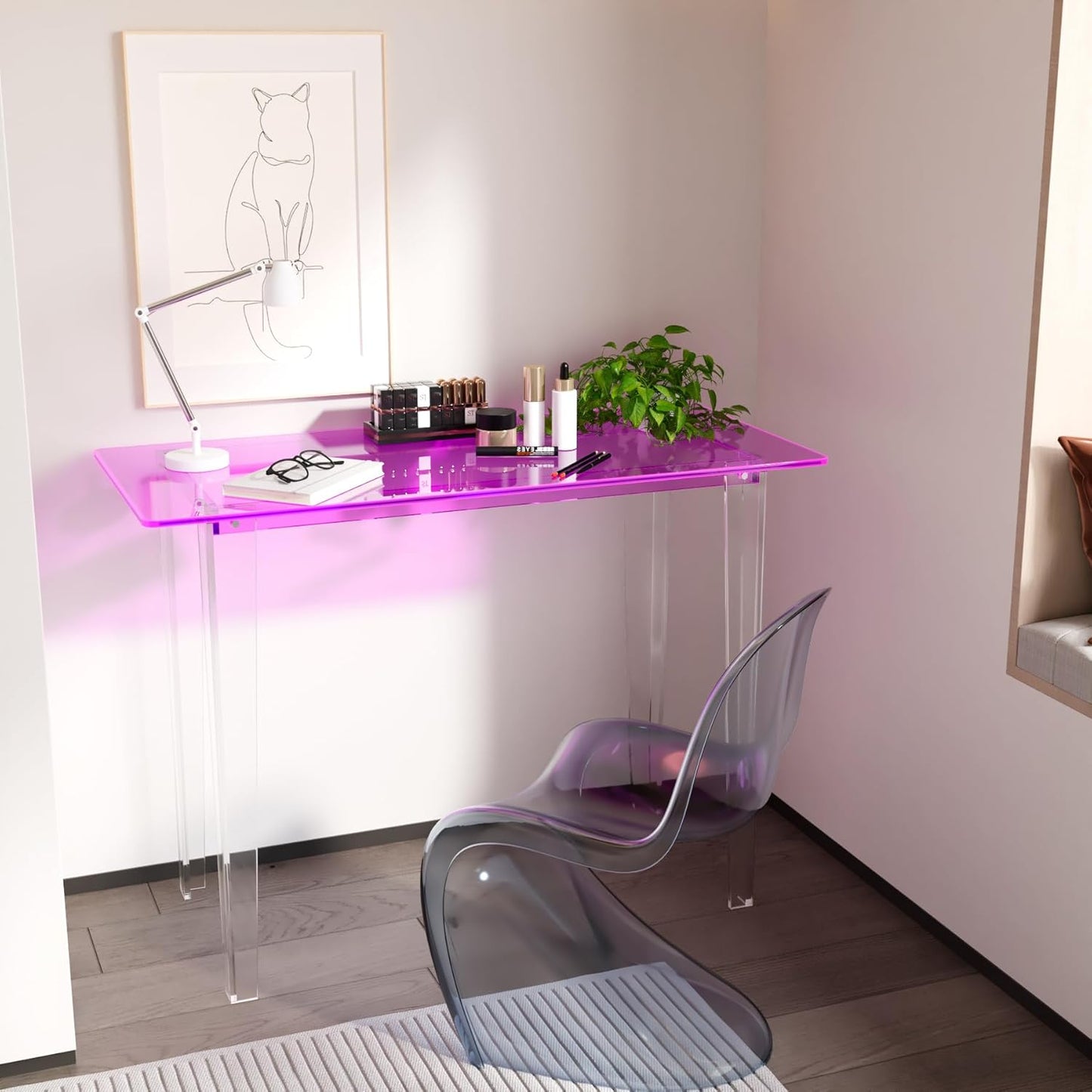 Acrylic Desk, Modern Study Table for HomeOffice-Extended Surface Multi-Purpose Console & EntrywayTable, Sturdy Lightweight Design((42.5-inch, Pink)