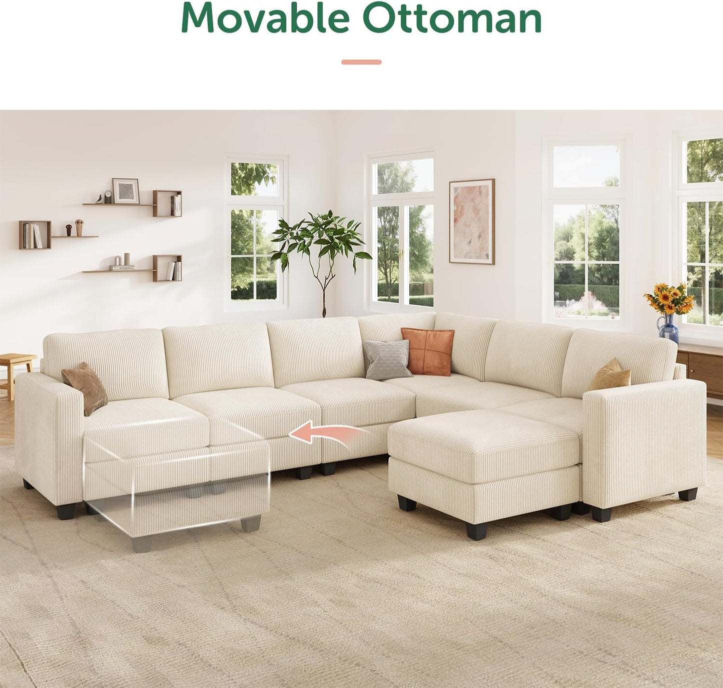 HONBAY Corduroy Sectional Couch with Storage U Shaped Sectional Sofa Modular Sectional Couches for Living Room, Beige