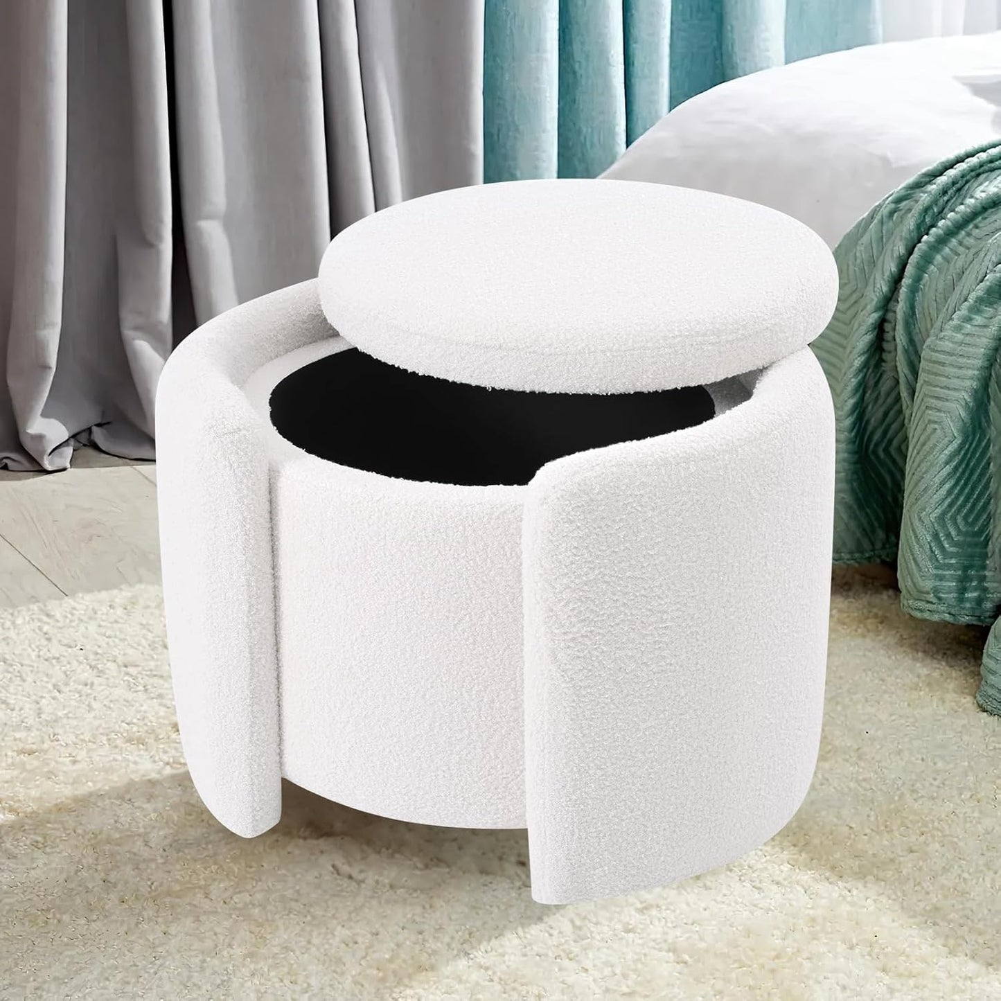 Furniliving Upholstered Button Tufted Round Ottoman, Ottoman with Storage, Teddy Footrest Stool, Removable Lid Convenient Footstools, Bedroom Ottomans with Storage for Vanity, Living Room, White