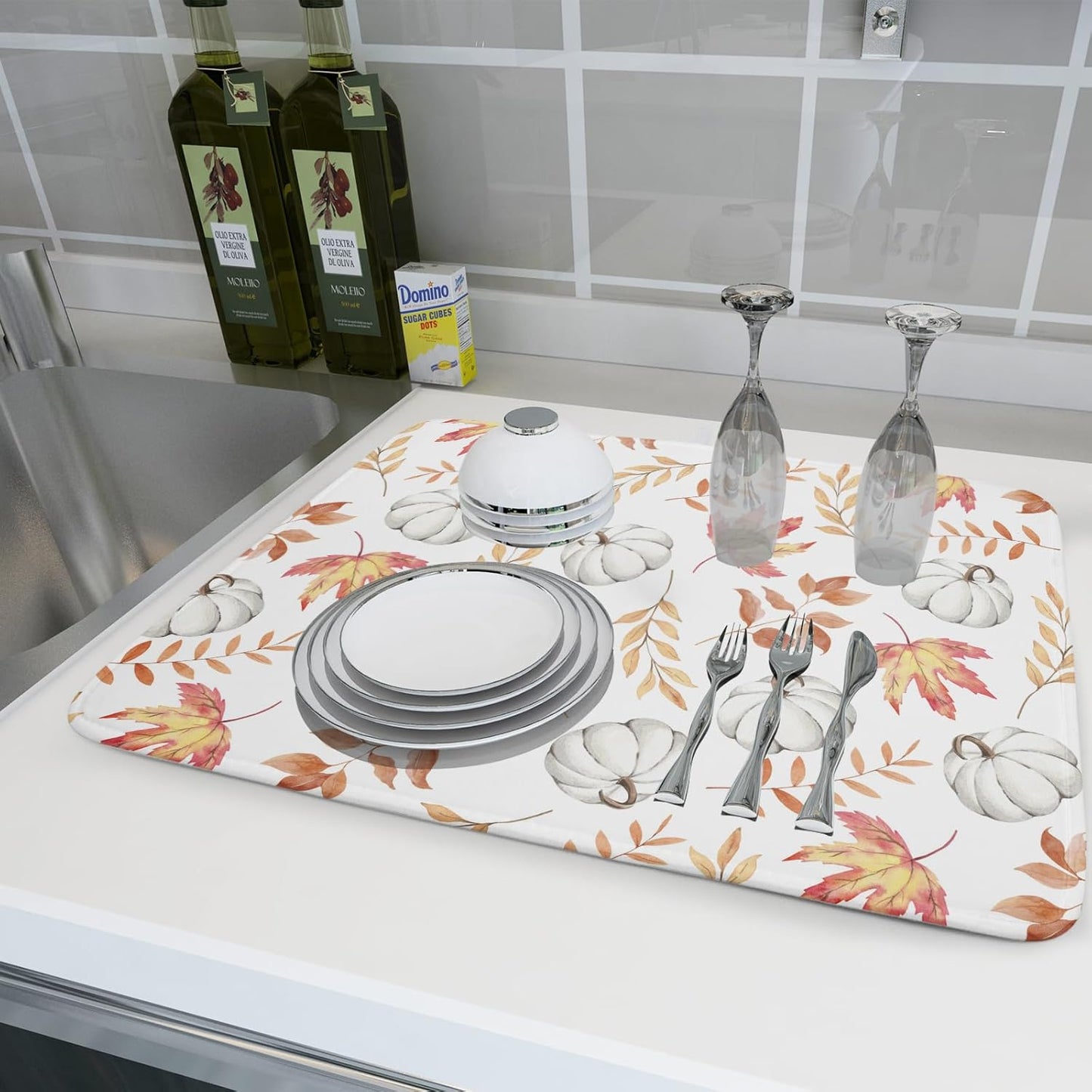 Fall Dish Drying Mat for Kitchen Counter Autumn White Pumpkins Maple Leaves Seasonal Super Absorbent Reversible Microfiber Kitchen Countertop Protector Dishes Pad Large 18x24 inch