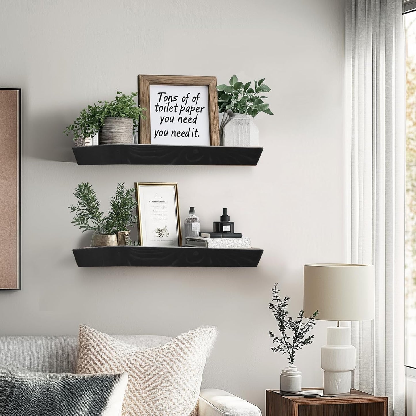 16"x6.8"x1.6" Slanted Floating Wall Shelves 2-Pack - Rustic Black Finish, Heavy-Duty Solid Wood Design with Hidden Brackets - Perfect for Living Room, Kitchen, Bathroom, or Office