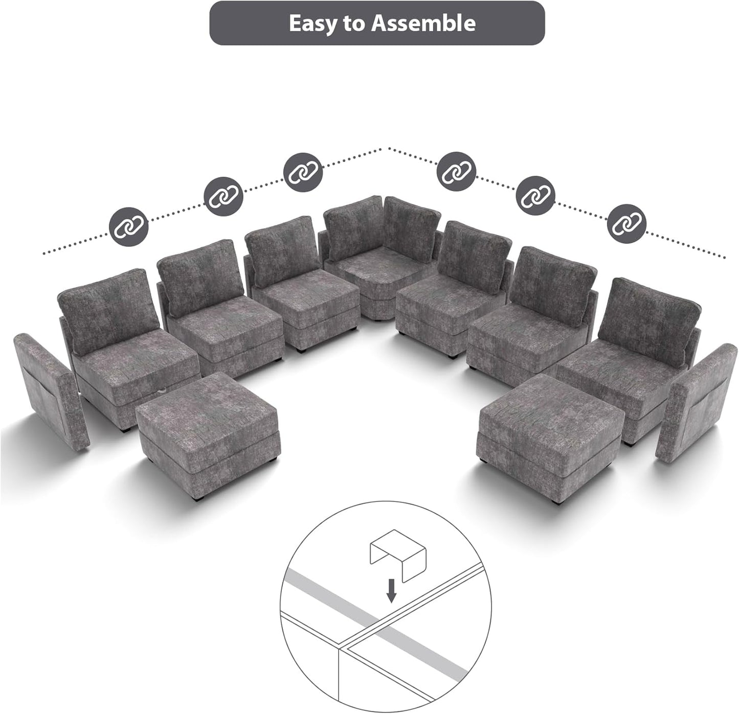 mestyl Modular Sectional Sofa Convertible Sofa Couch Set with Storage for Living Room, Modern 7 Seater Modular Sectional Couch with 2 Movable Ottoman (Grey)