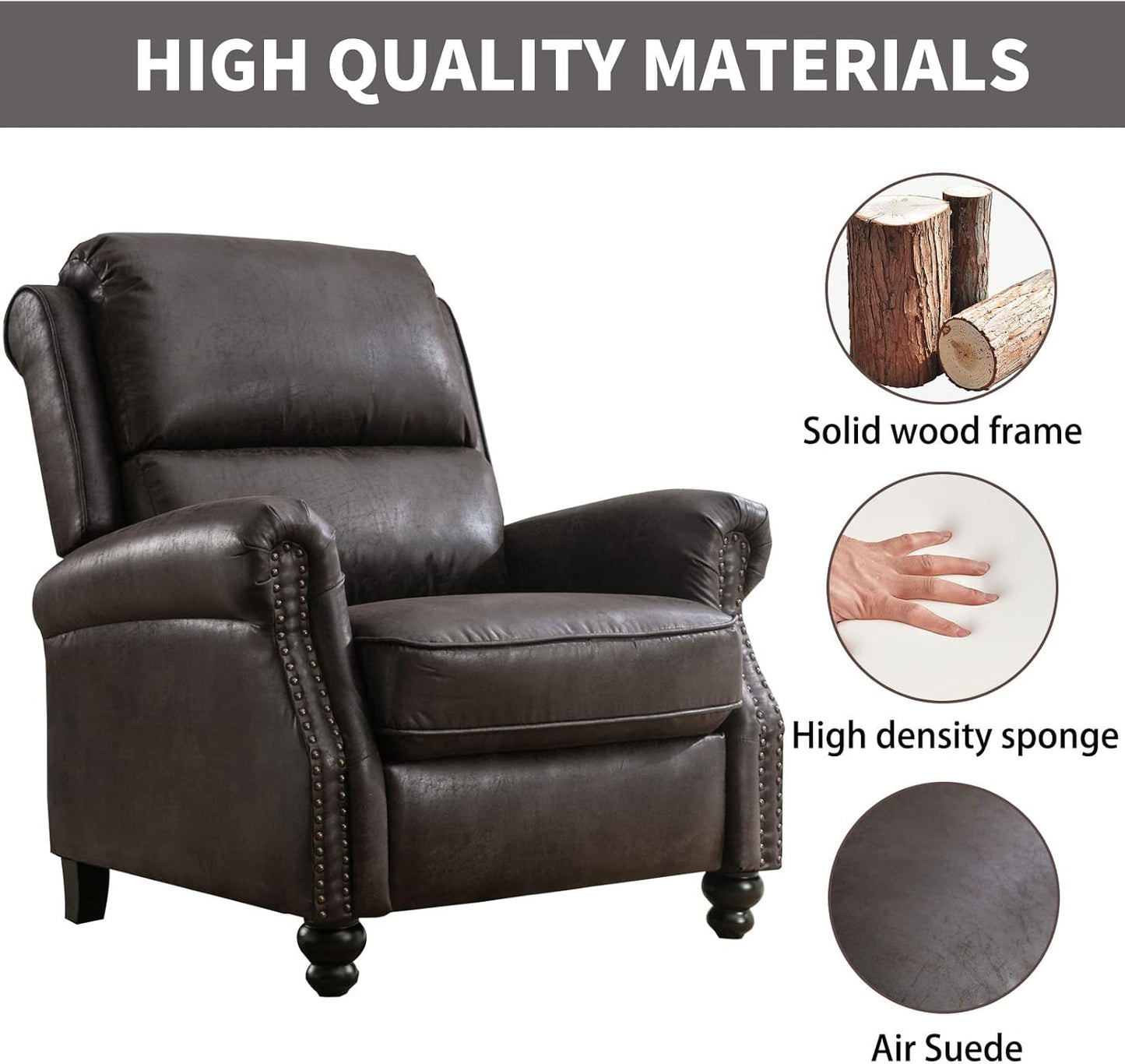 CANMOV Pushback Recliner Chair Faux Leather Armchair Push Back Recliner with Rivet Decoration Single Sofa Accent Chair for Living Room, Dark Grey
