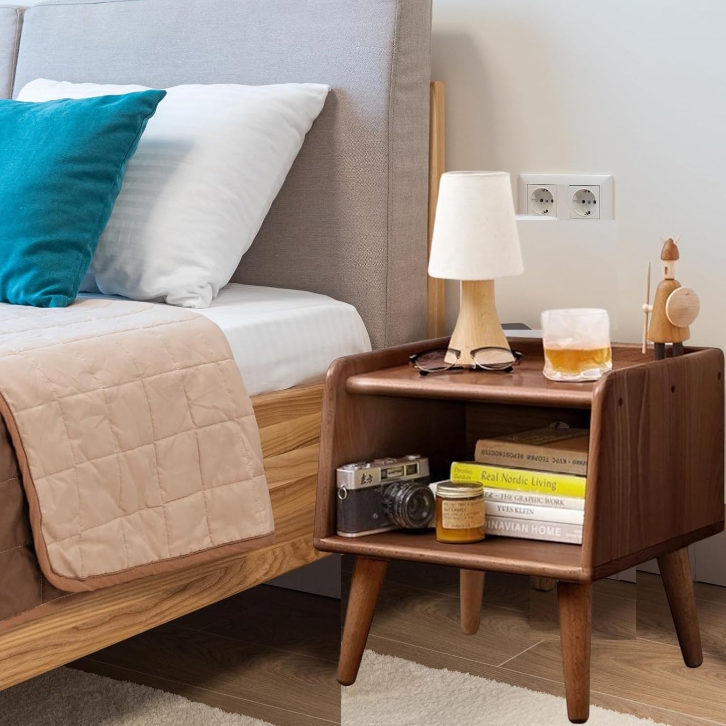 Small Nightstand, 100% Solid Oak Wood Bedside Table, Mid Century Modern Nightstand with Open Storage,Storage Cabinet for Bedroom (2pc Walnut Color)