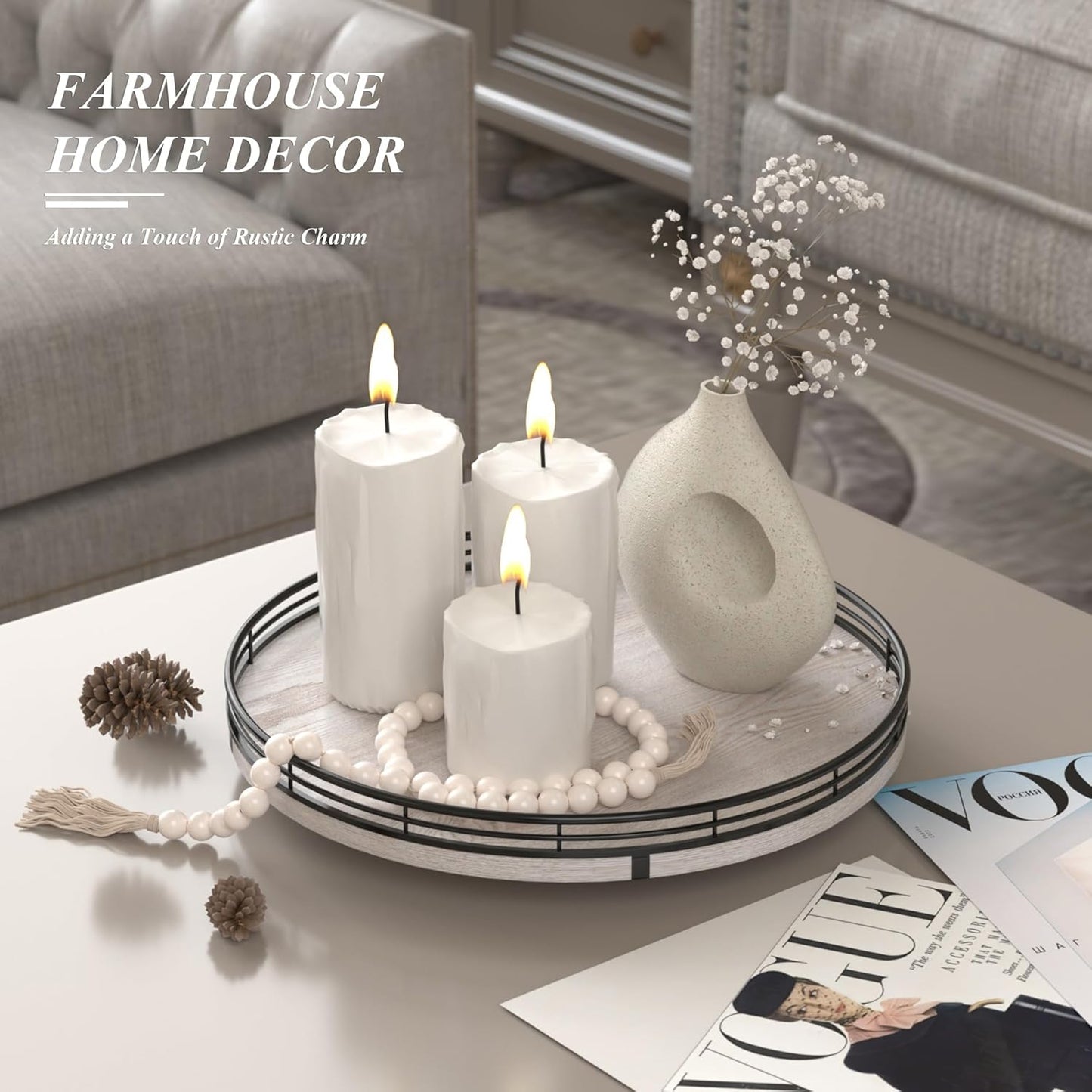 12" Farmhouse Lazy Susan for Kitchen & Coffee Table Decor β Rustic Wood Tray with Black Metal Frame, Decorative Centerpiece for Dining Room, Ottoman, Living Room, Serving or Vanity Use