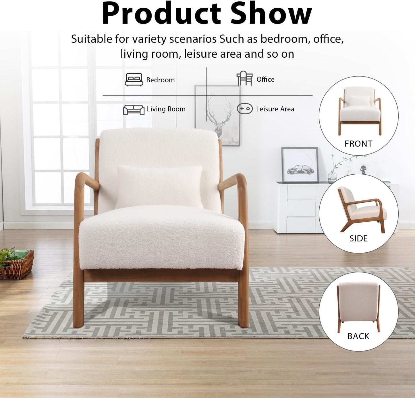 INZOY Mid Century Modern Accent Chair Set of 2, Lamb Wool Fabric Living Room Chairs with Waist Cushion, Upholstered Reading Armchair for Bedroom Sunroom