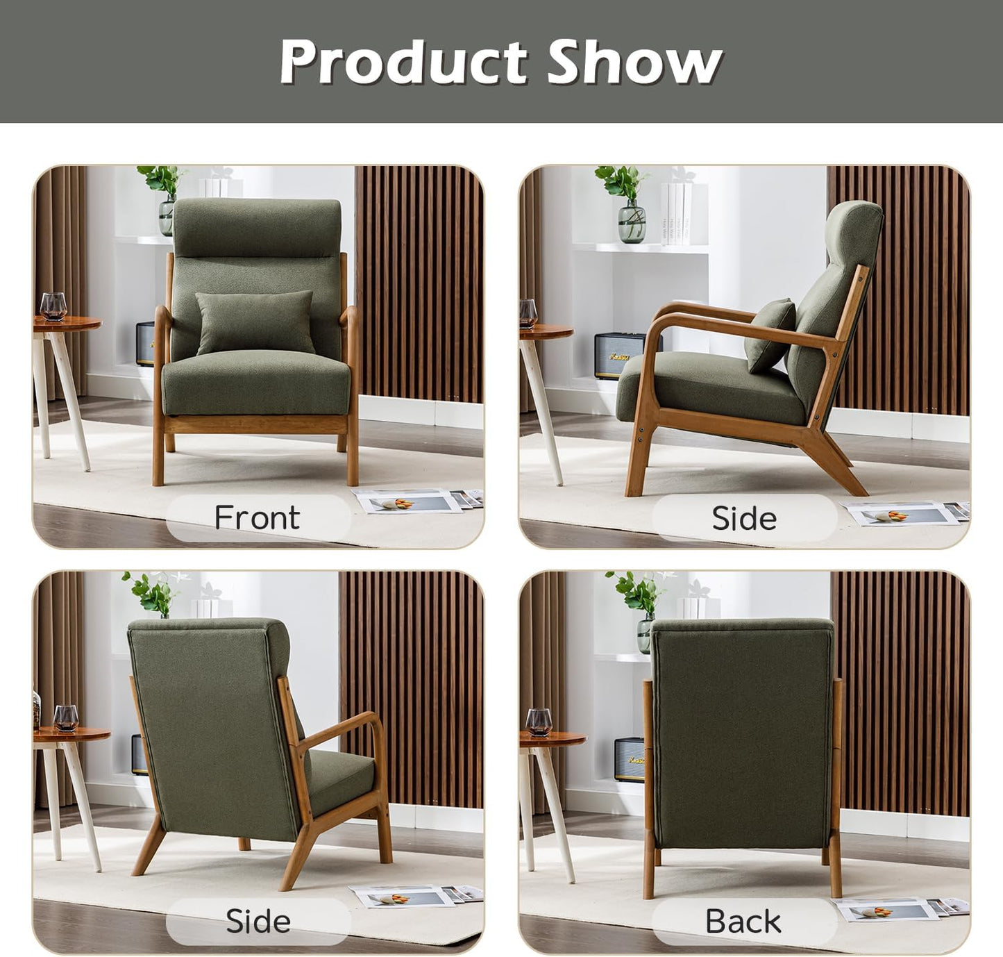 INZOY Mid Century Modern Accent Chair with High Back, Upholstered Living Room Chairs with Waist Cushion, Wood Frame Reading Armchair for Bedroom Sunroom, Green