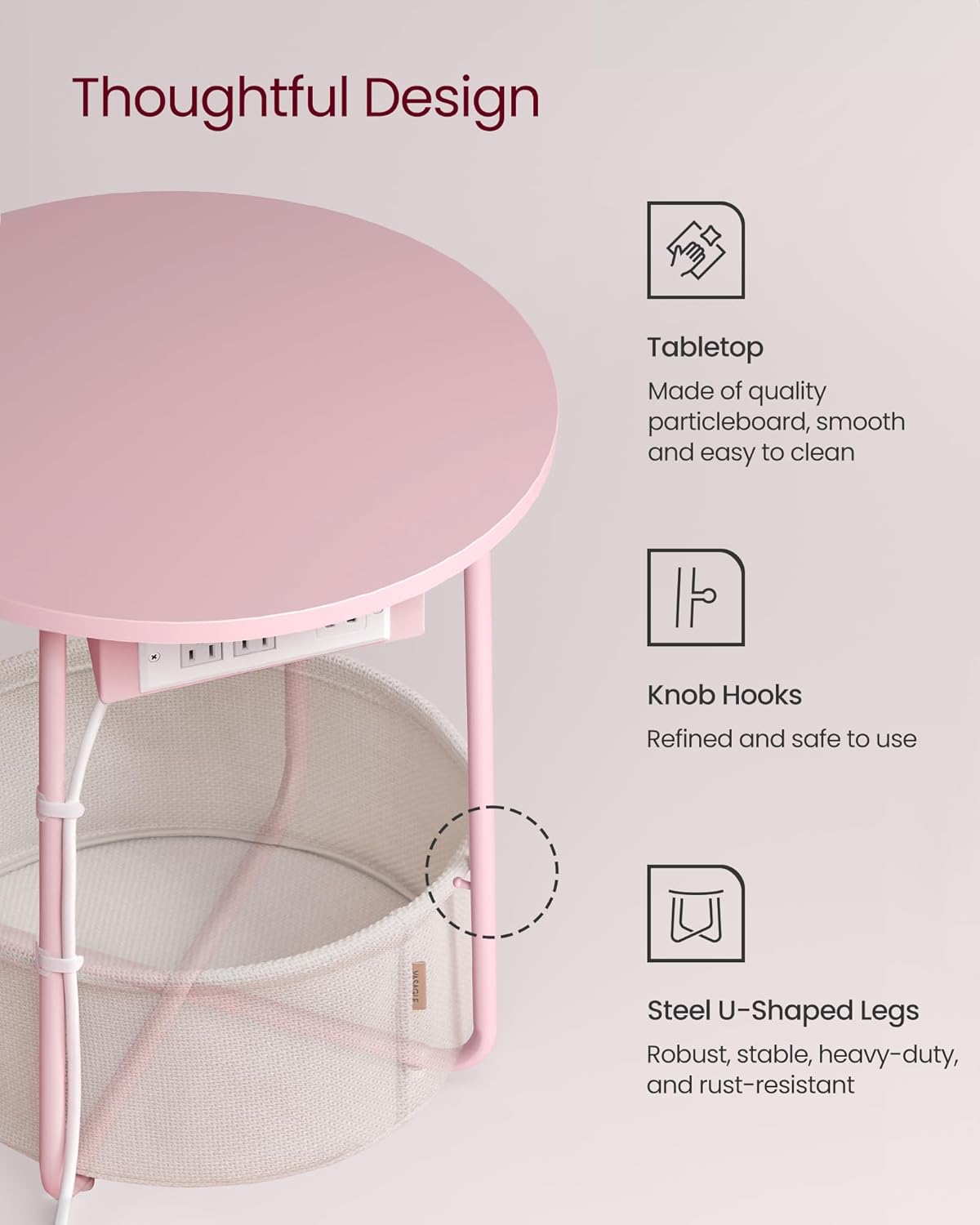 VASAGLE Side Table with Charging Station, Round End Table with Fabric Basket, Nightstand with Power Outlets, USB Ports, for Living Room, Bedroom, Modern, Jelly Pink and Cream White ULET228R01
