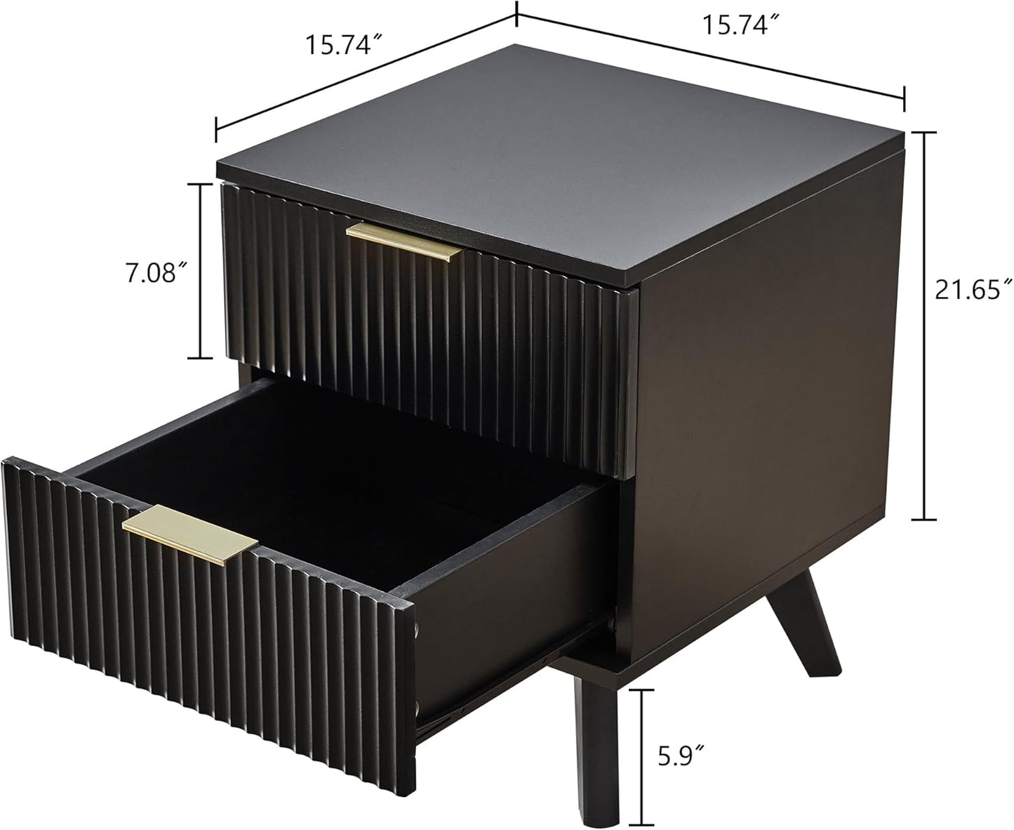 Fluted Nightstand Set of 2, Mid Century Modern 2 Drawer Dresser for Bedroom, Small Dresser Night Stand Side Table End Table with Wood Fluted Drawer Storage for Bedroom Closet(Black)