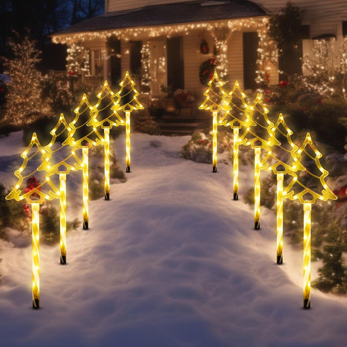 Christmas Solar Pathway Lights Outdoor Decorations, 8 Modes Xmas Tree Candy Lights Waterproof Led Garden Stake Light for Walkway Yard Lawn Porch Holiday Decor 5-Pack (Yellow Tube Tree, 5 Pack)