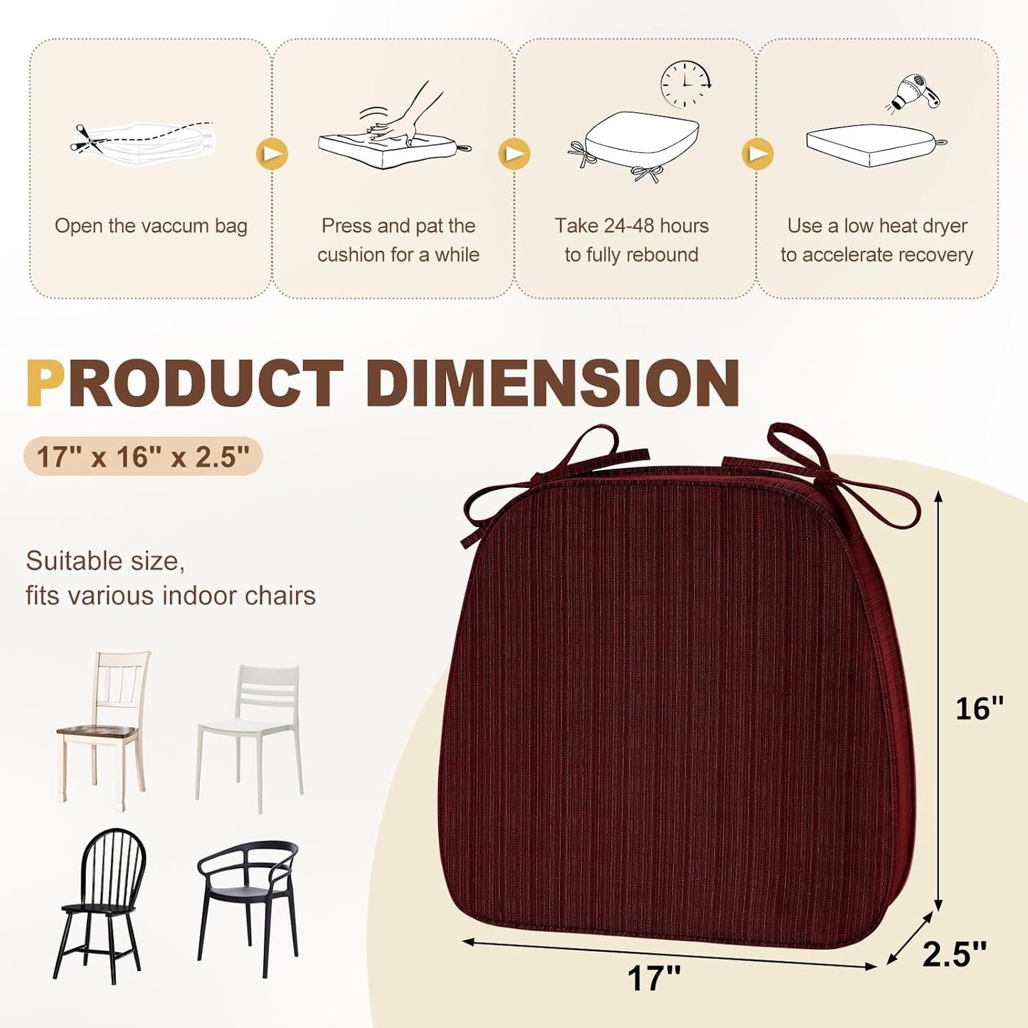 downluxe Chair Cushions for Dining Chairs, Waterproof Kitchen Chair Pads, Non-Slip Dining Seat Cushion with Ties, 17" x 16" x 2.5", Burgundy, 6 Pack