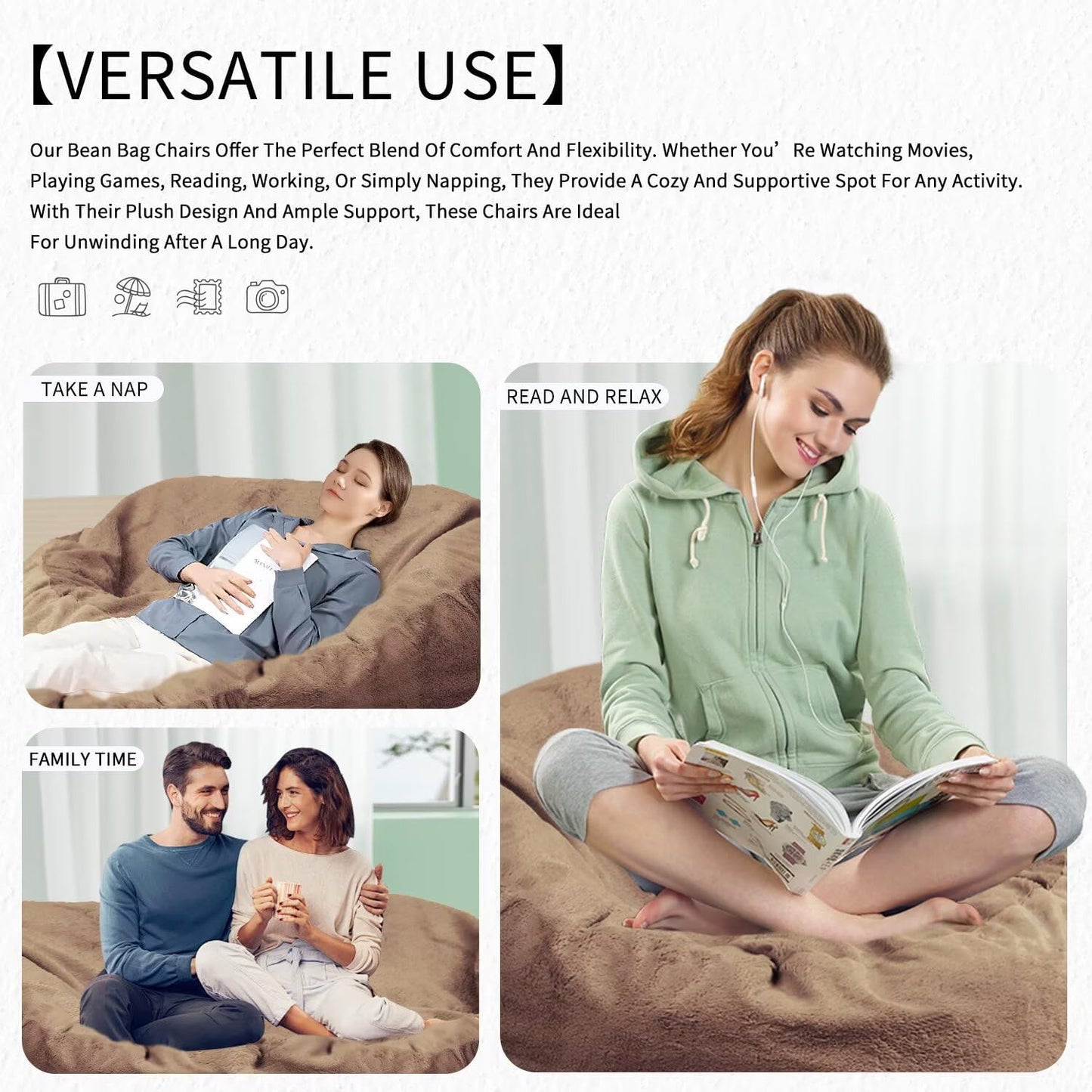 Bean Bag Chair for Adults 6FT,Soft Removable Cover for Teens/Girls Bedroom,Fluffy Giant Round Floor Beanbag Lounger Chairs (No Filler,Tan)