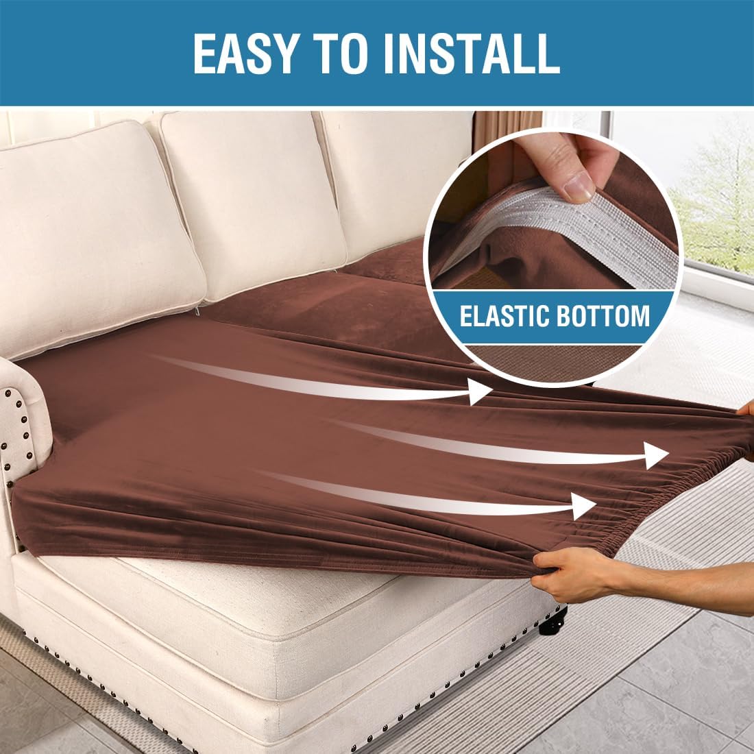 H.VERSAILTEX Velvet Stretch Sectional Couch Covers 3 Pieces Sofa Seat Cushion Covers L Shape Separate Couch Cover for Both Left/Right Sectional Couch (Large Sofa 2 Seater + 1 Chaise, Burnt Brick)