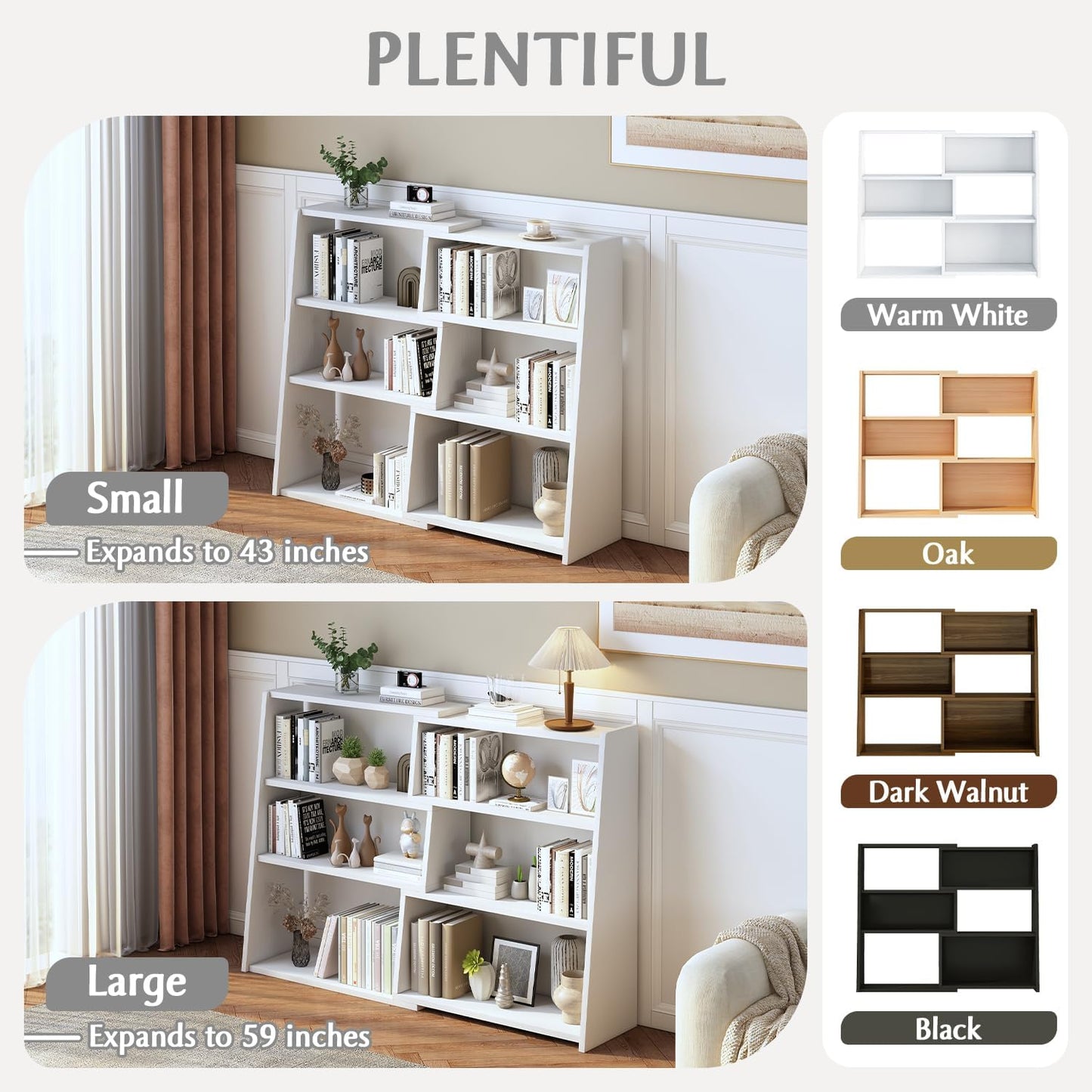 IOTXY Wooden Extendable Shelf Bookcase - 3-Tier Ladder Low Short Bookshelf for Small Space or Corner, White, L