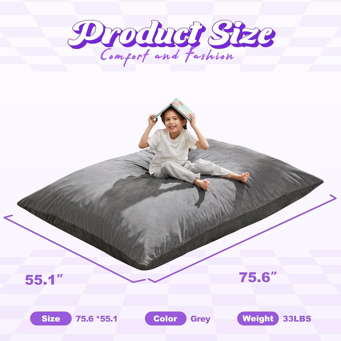 Hobestluk 3 in 1 Bean Bag Chair Giant Bean Bag Chairs for Adults with Velvet Cover Convertible Bean Bag Floor Cushion with Machine Washable Cover for Living Room (Velvet Grey)