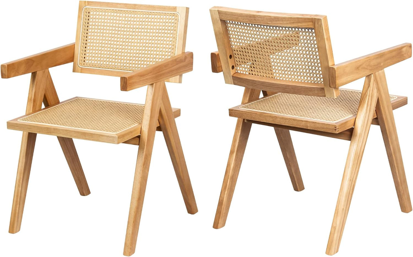 Cane Dining Room Chairs Set of 6, Modern Wood Kitchen Chairs with Arms, Light Malnut