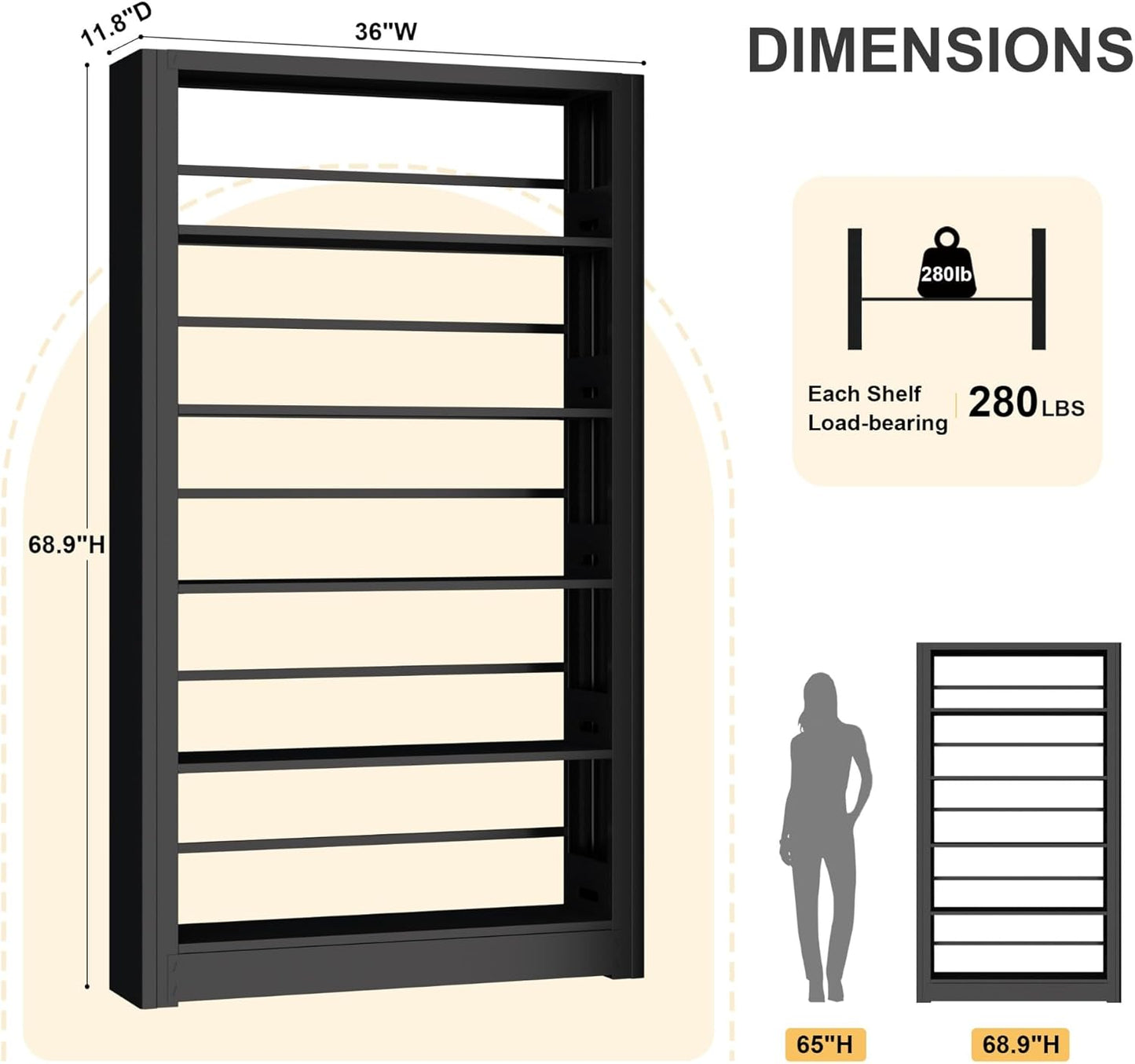 Large Metal Bookcase, 69” Modular Bookshelf with Storage, 5 Tier Bookcase with Adjustable Shelves, Extra Tall Book Shelves, Modern Book Case for Library, Office, Entryway, Living Room(Black)