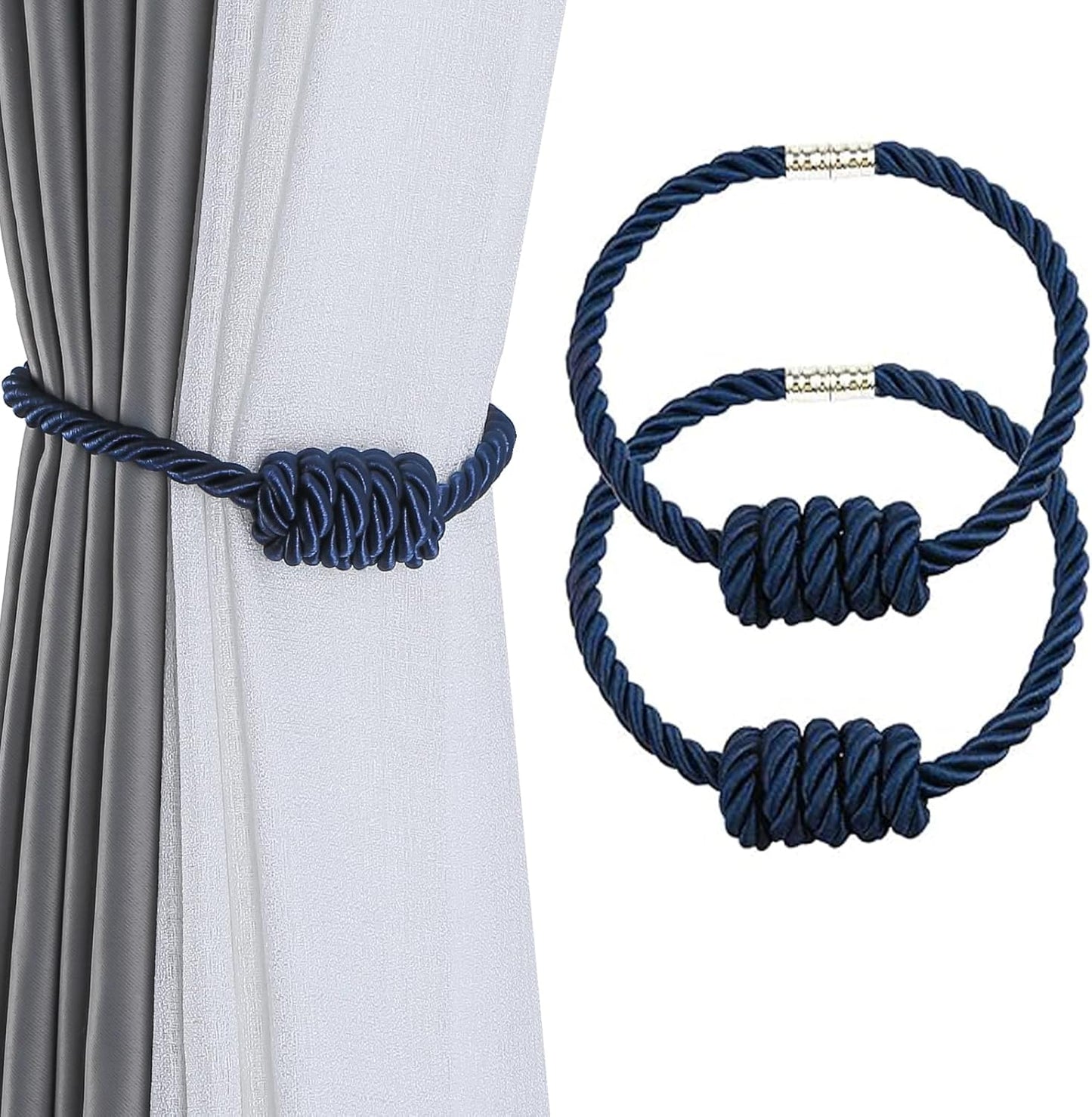 Fenghuangwu 2Pack Magnetic Curtain Tiebacks – Bohemian Style Handmade Woven Tie-Backs for Drapes,Elegant Exquisite Knot Holdbacks,Outdoor Boho & Modern Home Decor(Navy