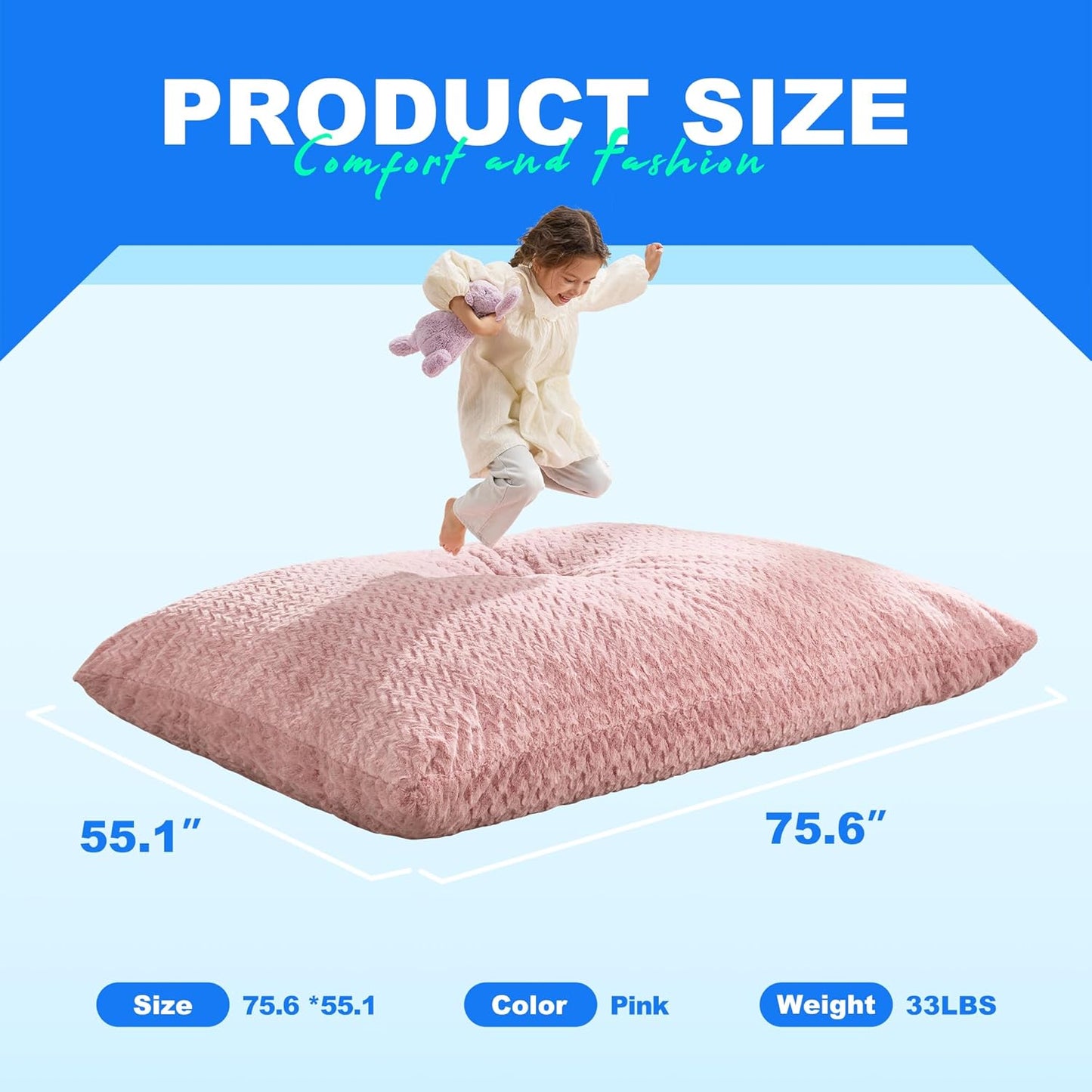 Hobestluk 3 in 1 Bean Bag Chair Giant Bean Bag Chairs for Adults with Chevron Plush Fur Cover Convertible Bean Bag Floor Cushion with Machine Washable Cover for Living Room (Chevron Plush Pink)