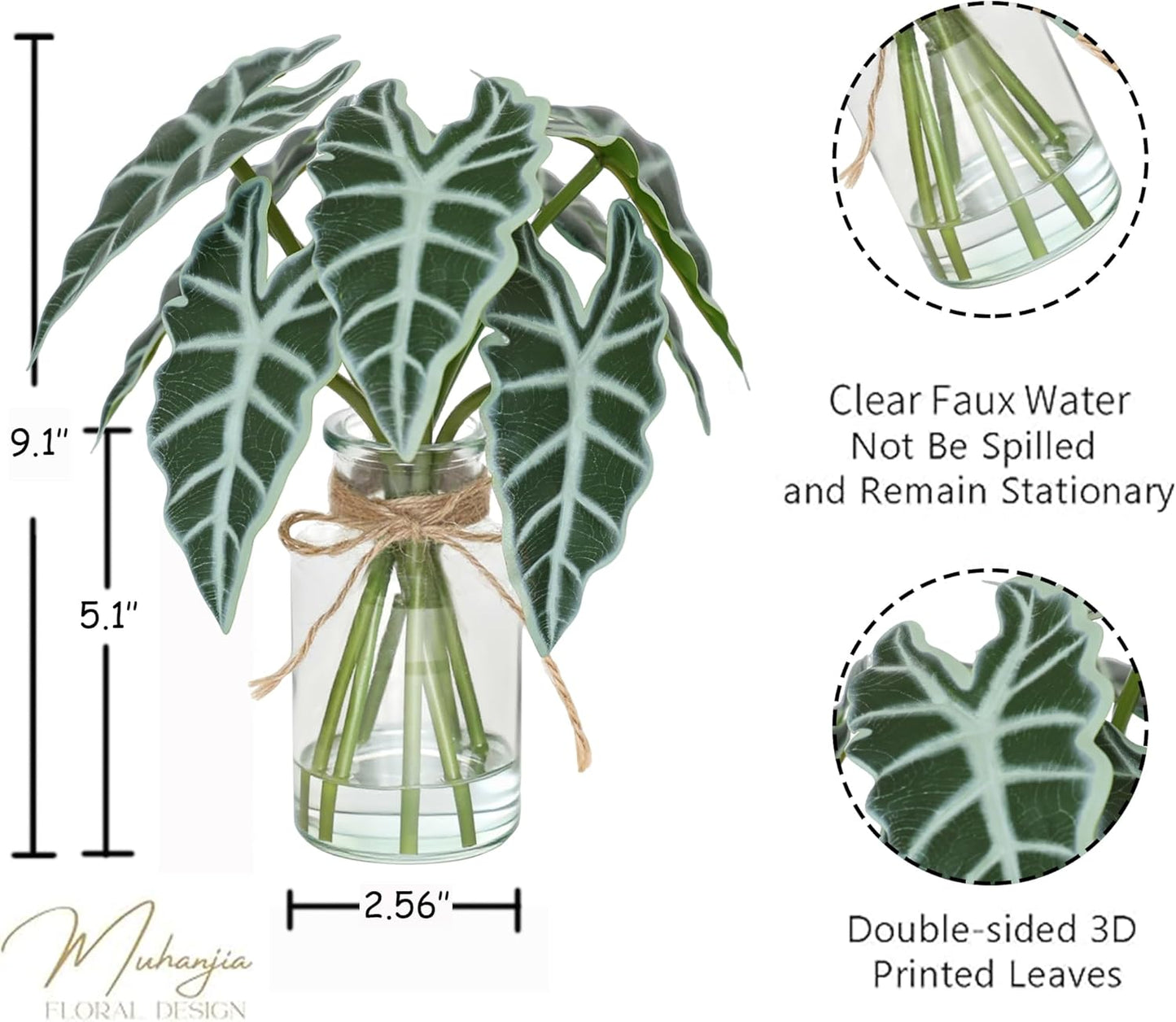 Artificial Flowers Turtle-Back, Alocasia Leaf, in Glass Vase with Faux Water,7Pcs Artificial Leaves Real Touch Latex Leaves for Centerpiece (2, Turtle-Back&Alocasia Leaves)