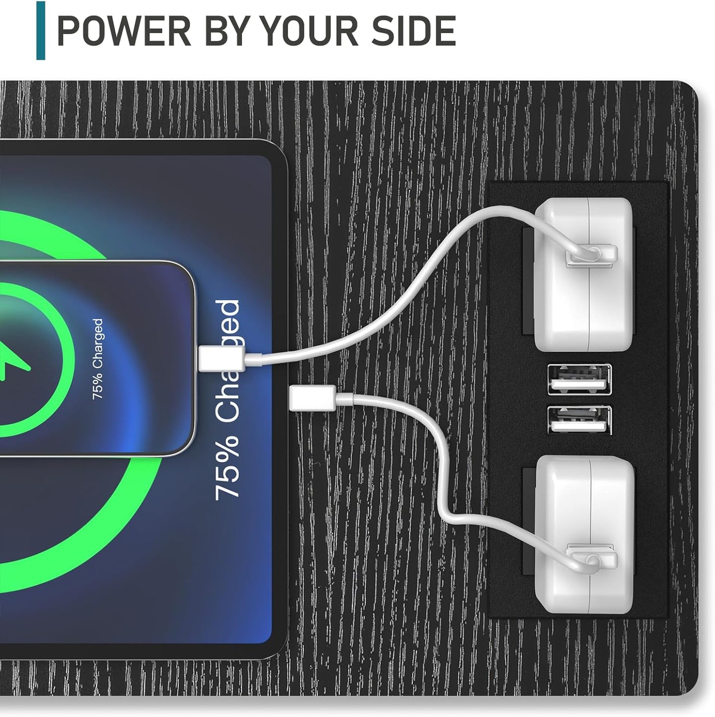 Farmhouse End Table, 24" Large Sofa Side Table with Charging Station, Mesh Barn Door, White Nightstand with Adjustable Storage Shelf, Square Nightstand for Living Room, Bedroom, Office