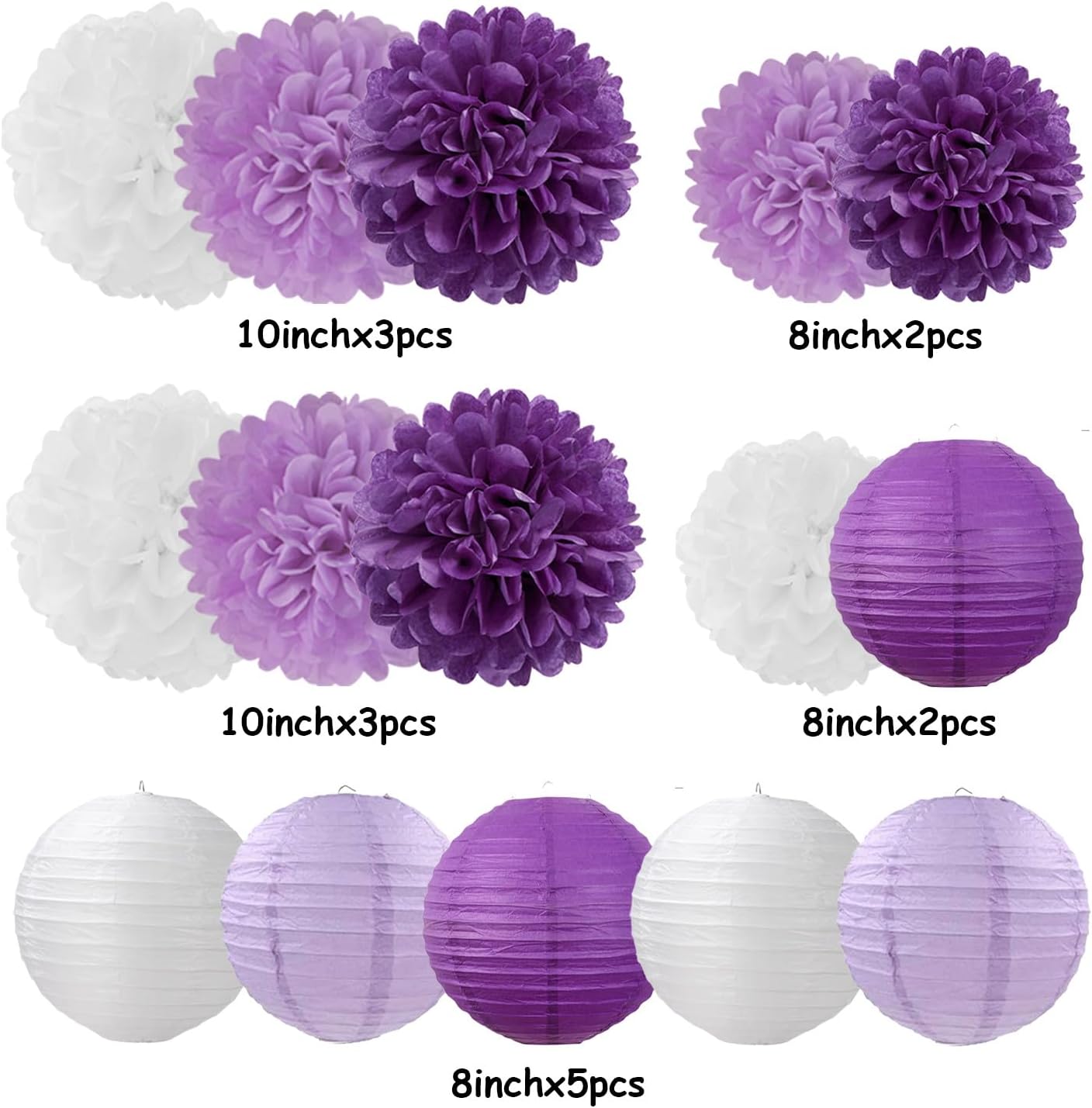 Purple-White Lavender Party Decorations Paper Flowers Lanterns - 15PCS Birthday Graduation Tissue Pom Poms Streamers, Baby Bridal Shower Wedding Retirement Bachelorette Hanging Supplies Decor Hugfond