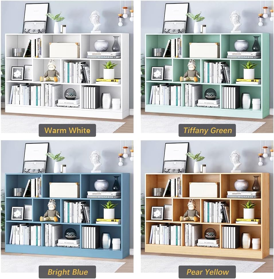 IOTXY Open Shelf Low Bookcase - Wooden 3-Tier Floor Standing Display Cabinet Organizer with Base, 10 Cubes Short Horizontal Bookshelf in Tiffany-Green
