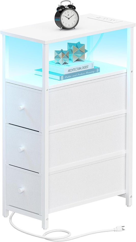 TUTOTAK Narrow LED Night Stand with Charging Station, Slim End Table with Plugins, Tall Side Table with 3 Fabric Drawer, Small Bedside Table with Storage, for Living Room, White TB01BW086L