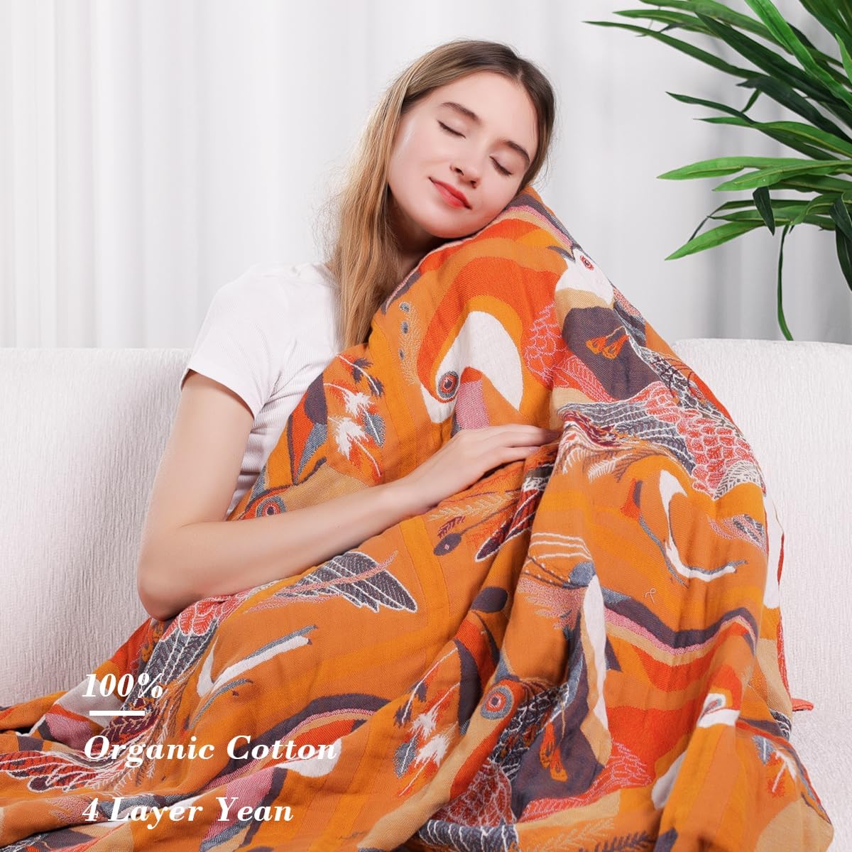 Boho Large Throw Blanket, 100% Organic Cotton Breathable Soft Bed Throw - Floral Bird Farmhouse Decor Blanket for Sofa Couch Chair Quilt and Gift. 60" x 80"- Colorful