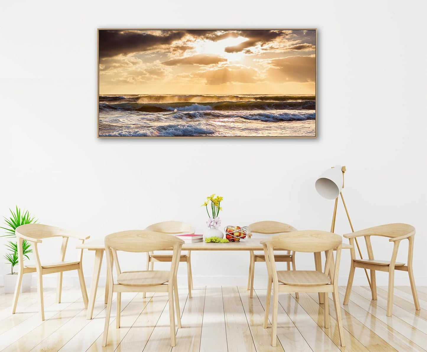 Framed Sunset Ocean Wall Art - Canvas Wall Decor Glow Sea Scene Nature Landscape Prints Sunset Over the Ocean Painting Artwork Living Room Bedroom Office Home 24" x 48"