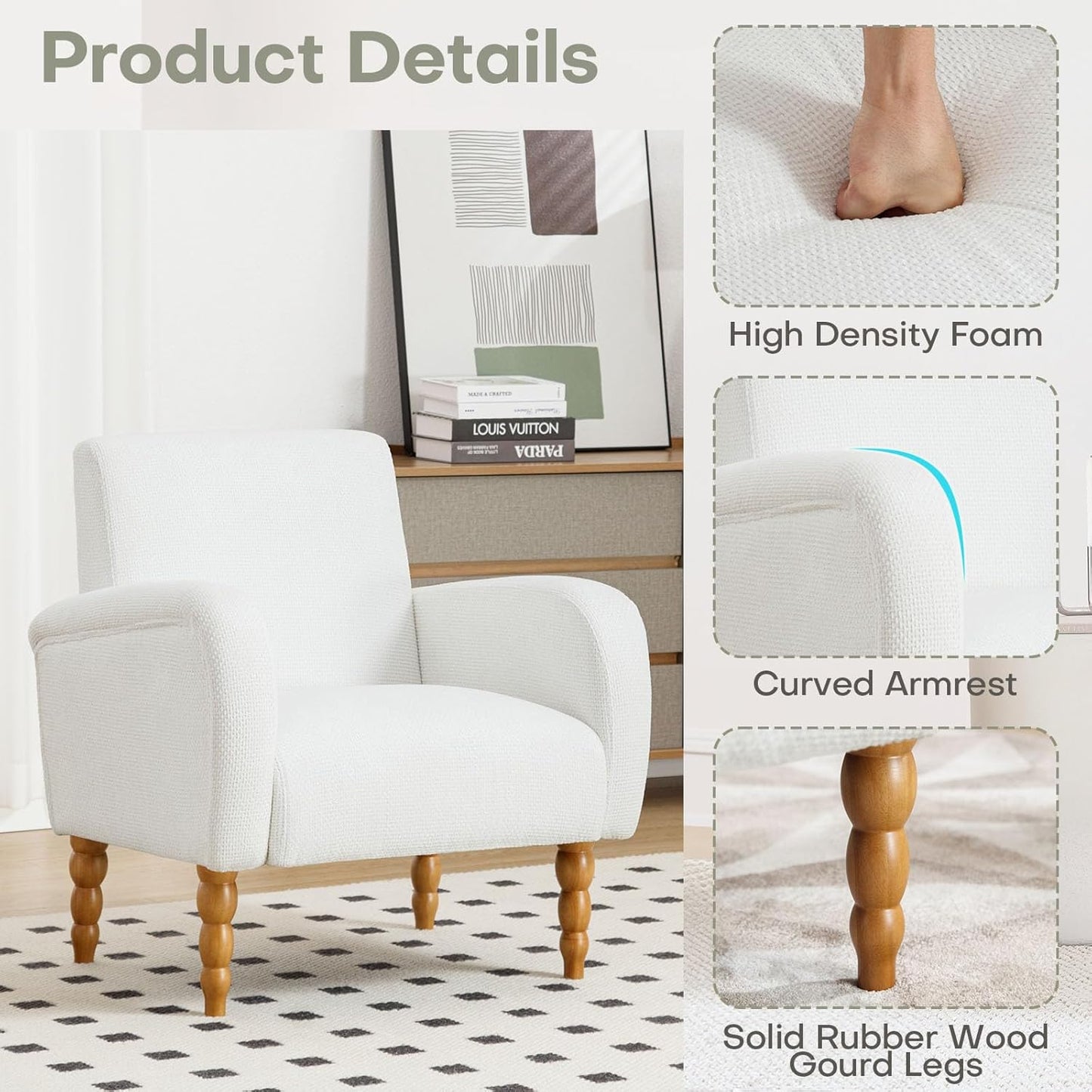 Chenille Fabric Accent Chairs Set of 2, Upholstered Armchair with Solid Wood Legs, Modern Living Room Accent Chair, Comfy Single Sofa Reading Club Chair for Bedroom Reception Lounge, White