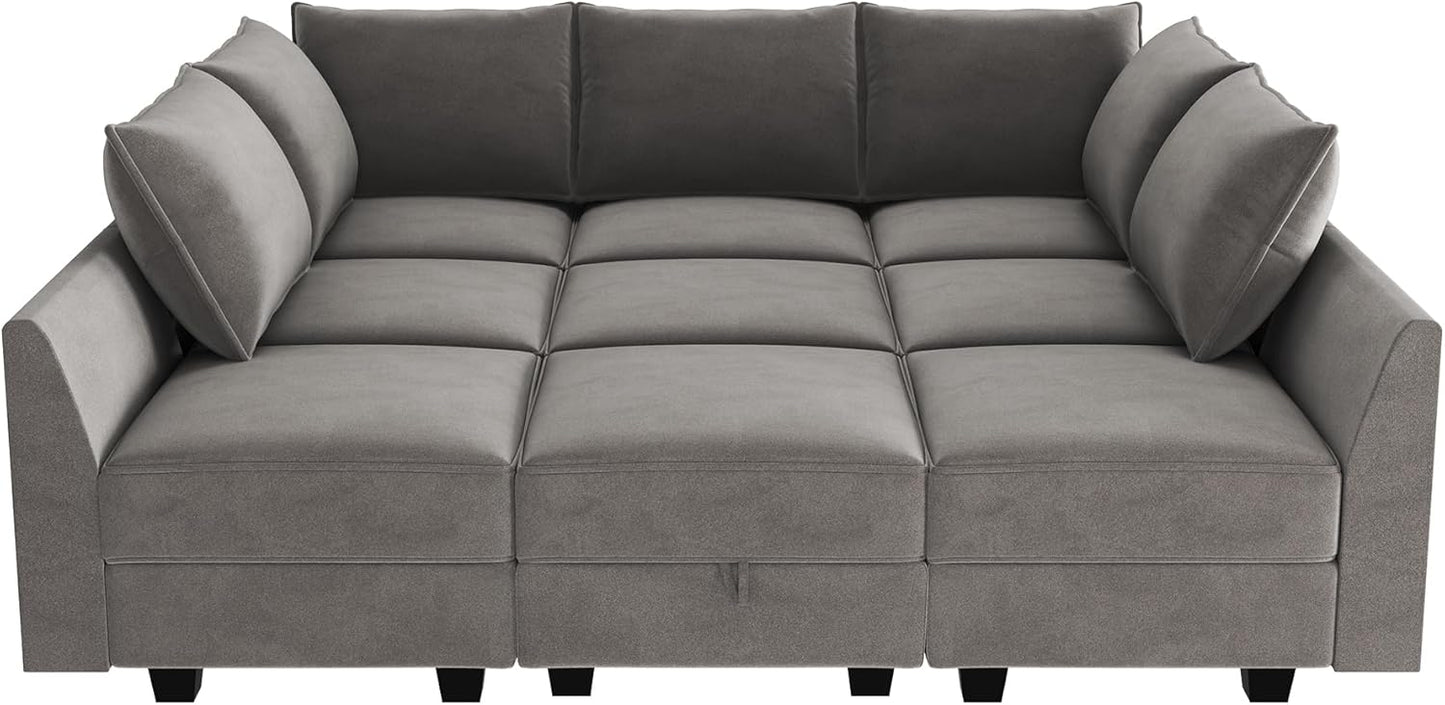 HONBAY Velvet Sectional Sofa Couch with Storage - Modular Sleeper for Living Room, Grey
