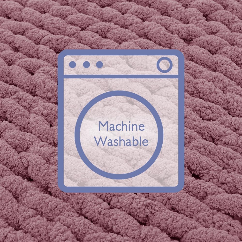 Bigacogo Chunky Knit Throw Blanket for Couch, 40x60 inches, 100% Hand Knitted with Thick Jumbo Chenille Yarn, Cozy Soft Large Rope Knot Cable Crochet Blankets for Sofa Bed Living Room, Burnt Rose