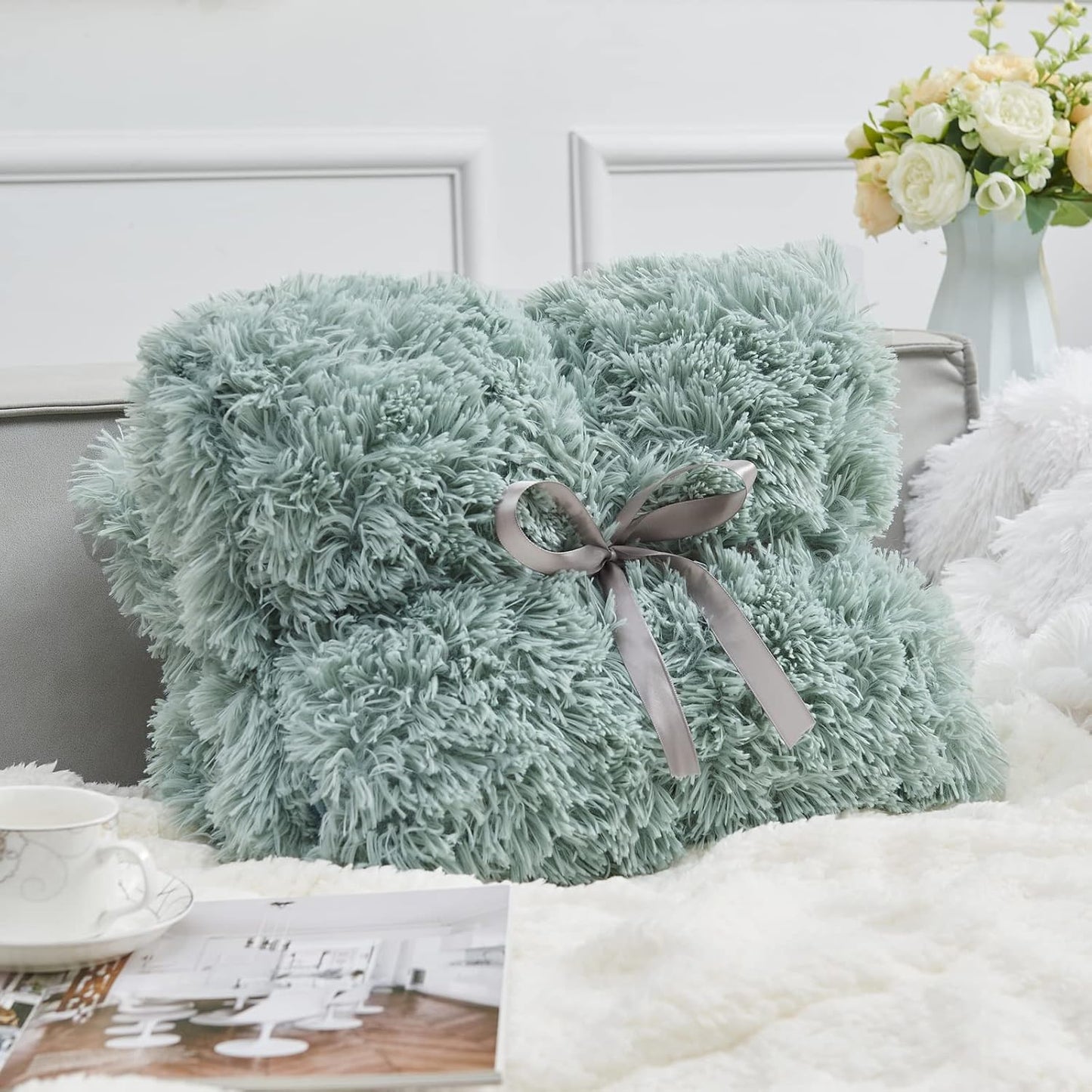 GONAAP Fuzzy Faux Fur Throw Blanket Queen Size Ice Blue Super Soft Cozy Plush Fuzzy Shaggy Blanket for Couch Sofa Bed (Ice Blue, Queen(90"x90"))