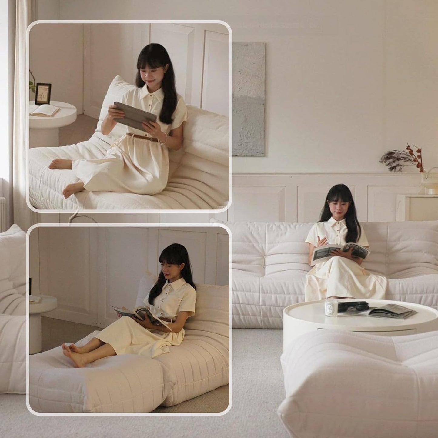 Luxury Sofa Couch Chair, Lazy Floor Seating, Fireside Bean Bag Chair, Ergonomic Tatami Sofa Lounger for Living Room, Bedroom, Office, Single Seat, White