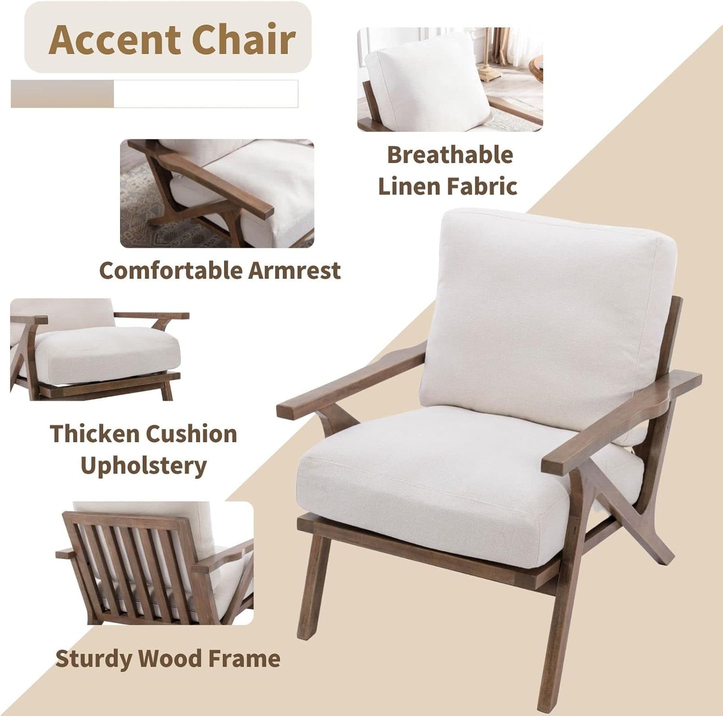 HNY Mid Century Modern Accent Chairs Set of 2, Farmhouse Linen Upholstered Armchair for Living Room, Bedroom, 23'' Seat Wide Retro Leisure Reading Chair Slipper Chair with Wood Frame, White