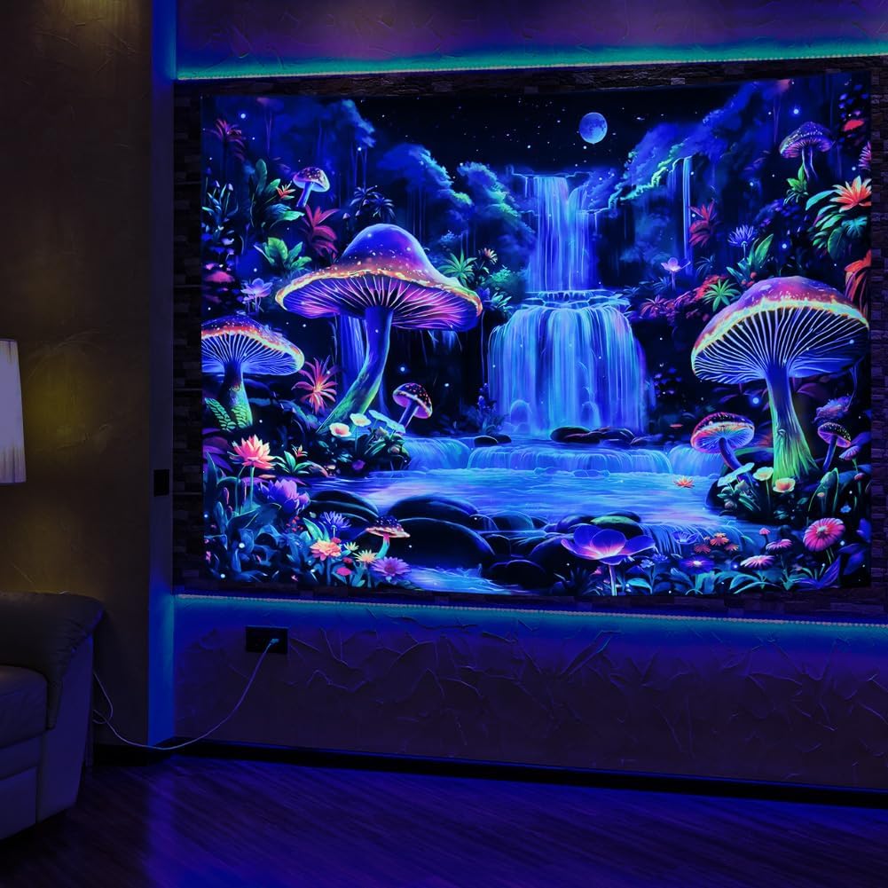 Dermijer Blacklight Tapestry Fantasy Mushroom Forest Tapestry UV Reactive Waterfall Tapestries Moon Night Neon Flower Landscape Wall Hanging for Home Decor L92.5×W70.8