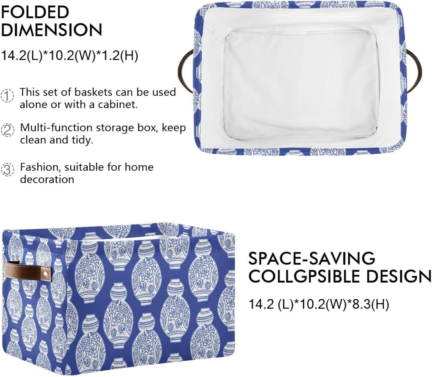 susiyo Storage Baskets for Shelves Organizer Baskets with Metal Frame Closet Storage Bins Fabric Bins Cubes with PU Handles for Organizing Shelf Nursery Toys 2 PACK,Blue Chinoiserie Vases