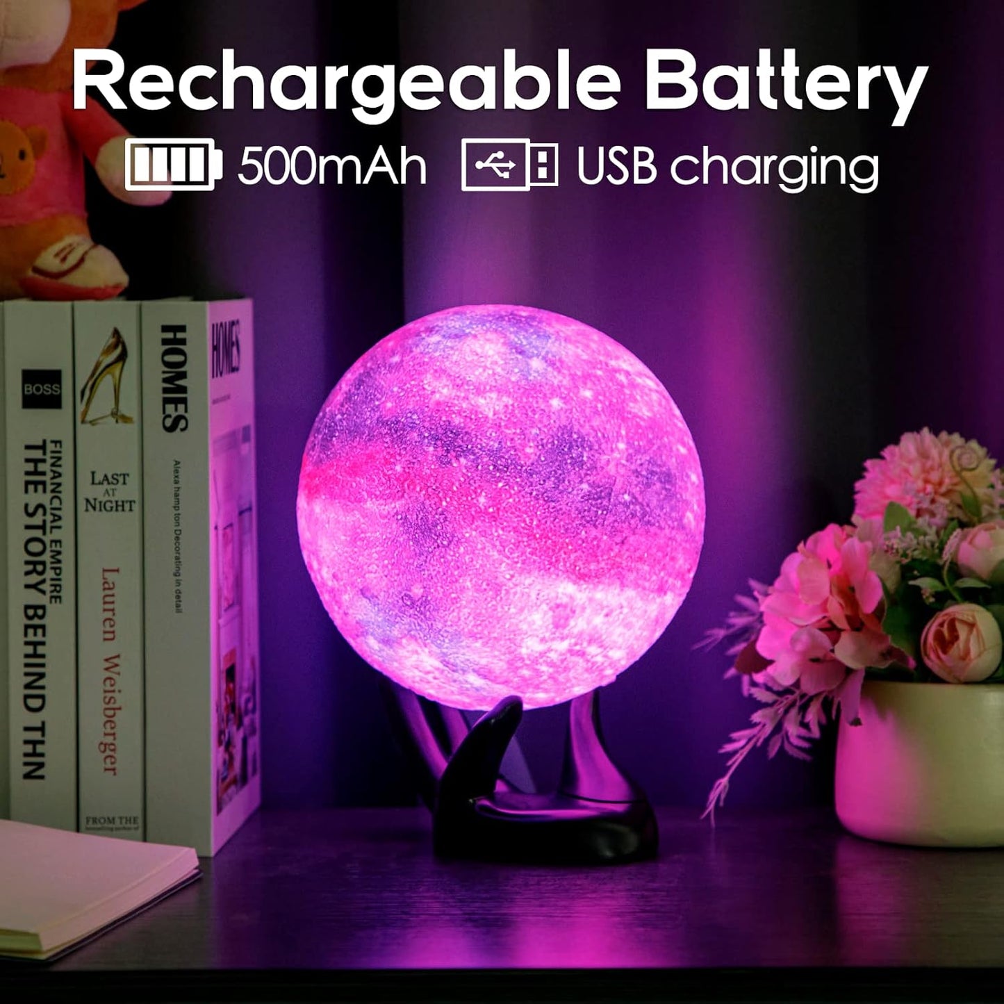 BRIGHTWORLD 7.1inch Galaxy Lamp 16 Colors Moon Lamp 3D Printing, Remote & Touch Control USB Rechargeable, Birthday Gifts for Women Room Decor Aestheticļ¼Black Hand Baseļ¼