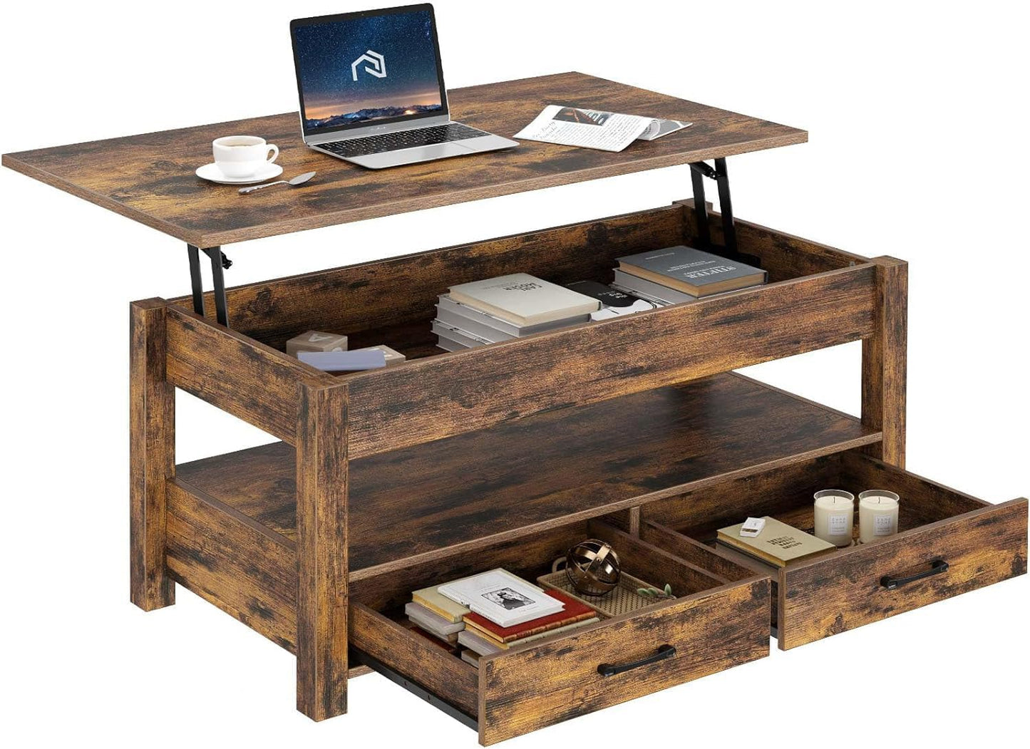 Rolanstar Coffee Table, 47.2" Lift Top Coffee Table with Drawers and Hidden Compartment, Retro Central Table with Wooden Lift Tabletop, for Living Room, Rustic Brown