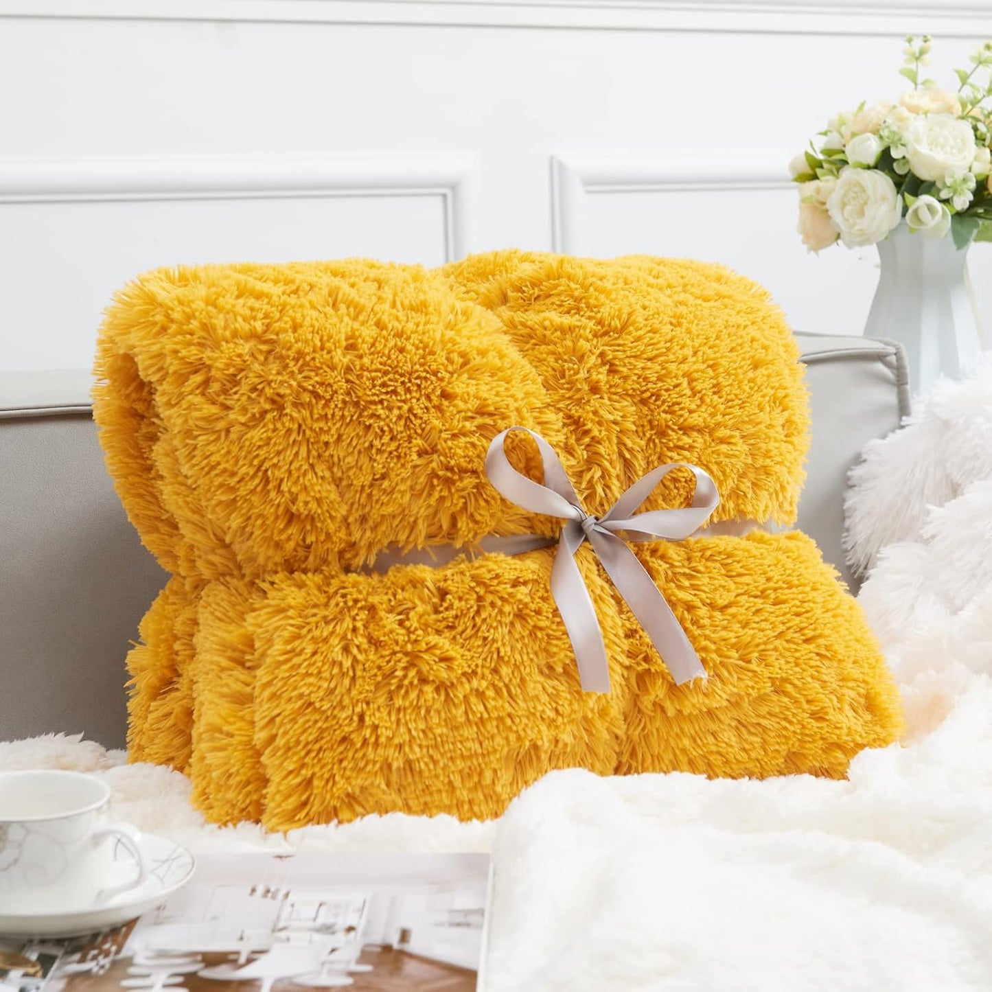 GONAAP Fuzzy Faux Fur Throw Blanket Twin Size Mustard Yellow Super Soft Cozy Plush Fuzzy Shaggy Blanket for Couch Sofa Bed (Mustard Yellow, Twin(60"x80"))