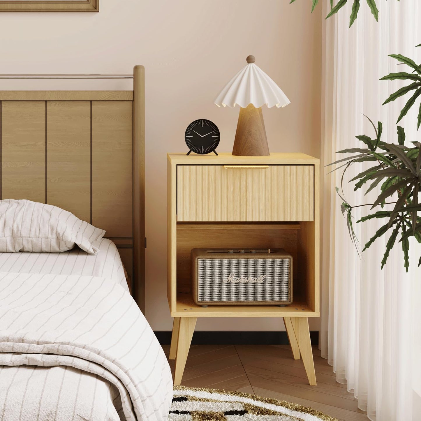 Fluted Night Stand with Opening Storage,Mid Century Bedside Table with Drawer,Wood Nightstand with Solid Wood Legs,End Table Side Table for Living Room,Bedroom,Natural CTG56Y