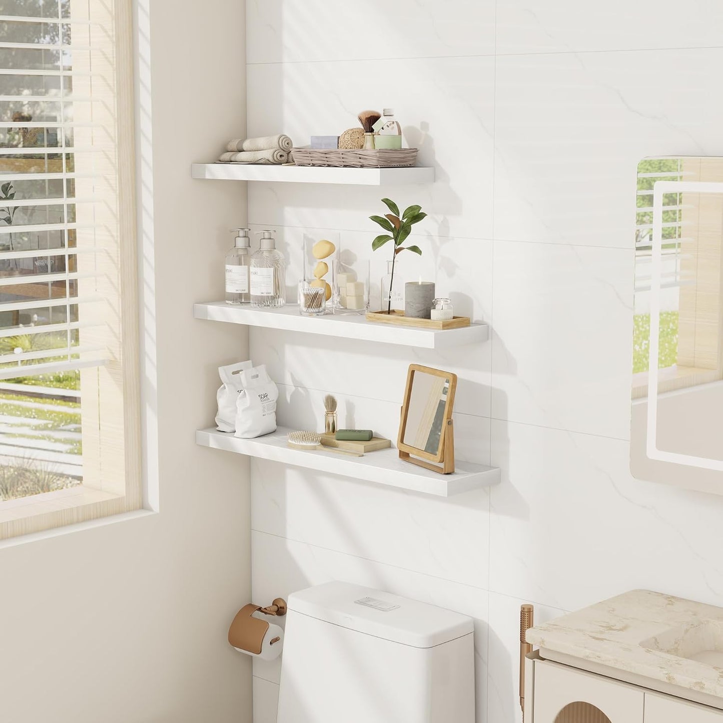 Fun Memories White Floating Shelves Wall Shelf 24 Inch Long, Rustic Bathroom Shelves, Wall Mounted Wood Floating Shelf for Kitchen, Living Room, Bedroom, 24 x 6.7 x 1.4 inch Set of 3