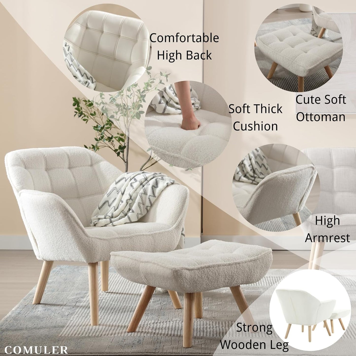 White Sherpa Accent Chair with Ottoman ,Modern Reading Chair with Ottoman Set, Comfy Fuzzy Armchair Living Room Chair Lounge Chair with Wood Legs for Small Spaces Bedroom Apartment