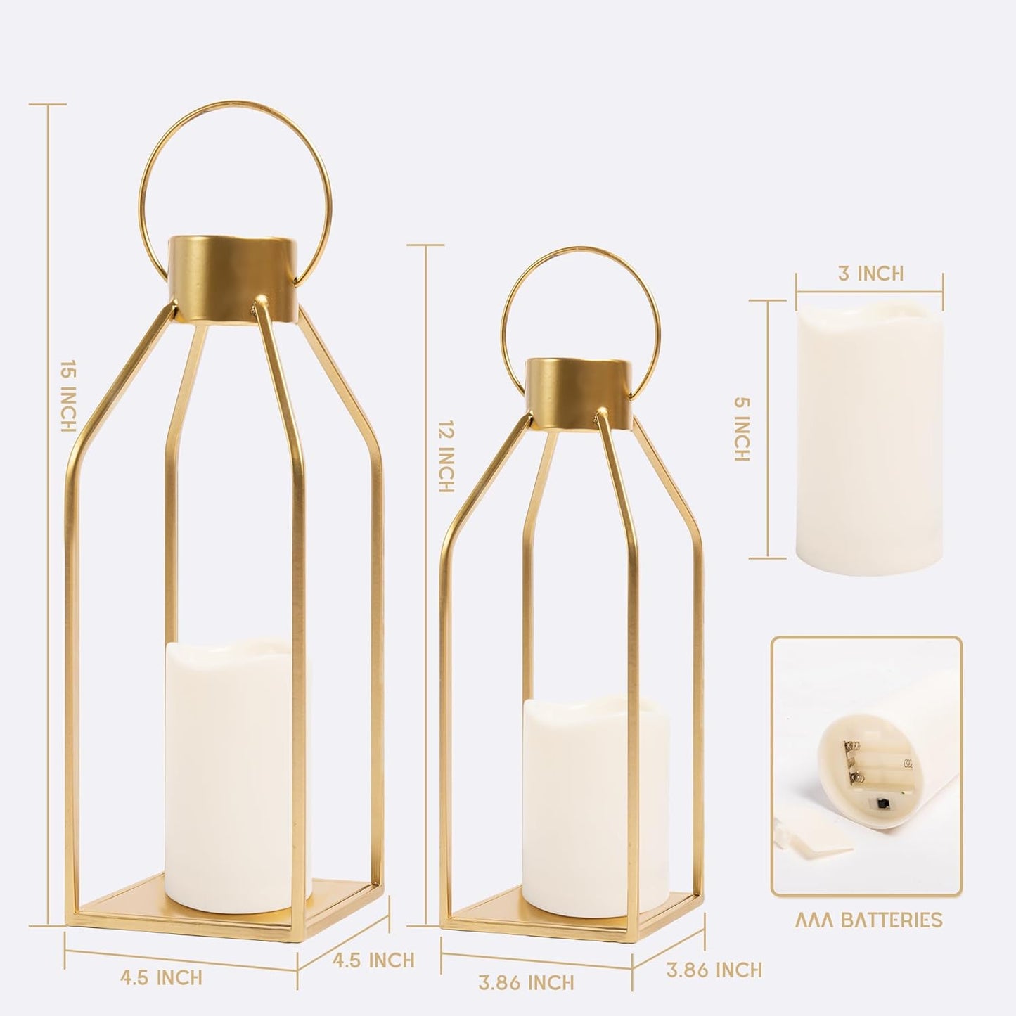 HPC Decor Modern Farmhouse Lantern Decor- Gold Metal Candle Lanterns for Christmas- Lanterns Decorative w/Timer Flickering Candles for Living Room, Home, Indoor, Outdoor, Table,Fireplace Mantle Decor