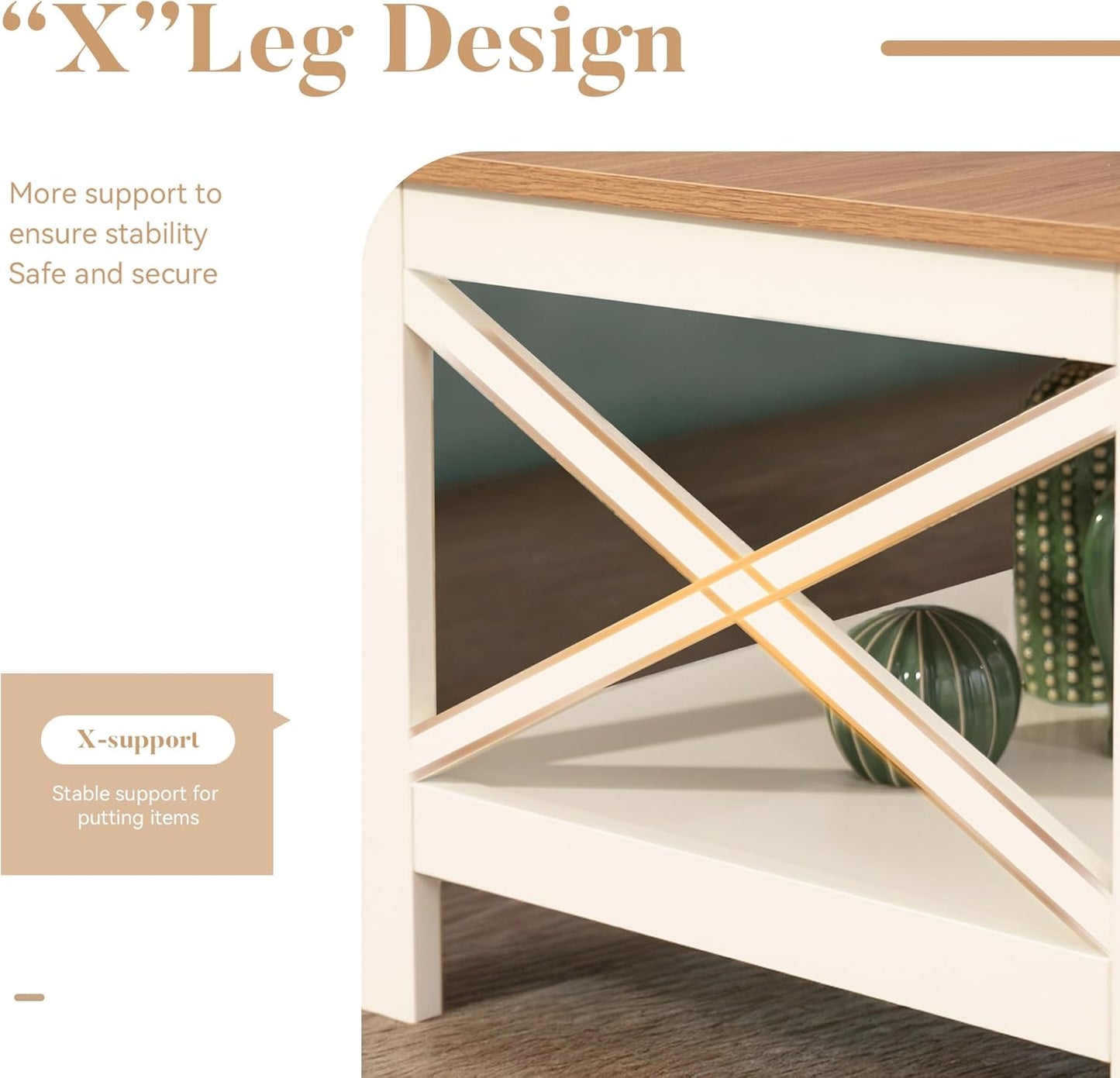 ALPHA HOME Coffee Table with Storage, Farmhouse Coffee Tables for Living Room 2-Tier Modern Coffee Table, Ivory