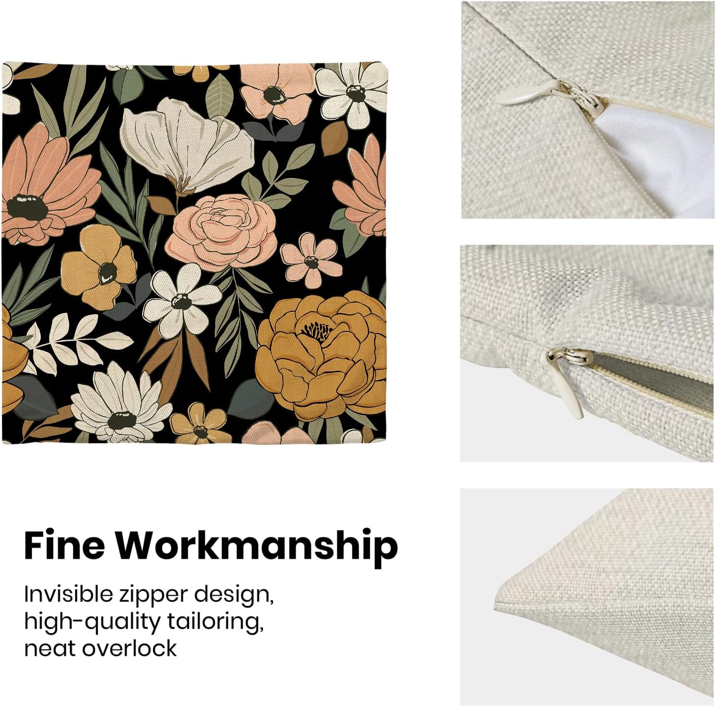 CXMEIFLY Spring Floral Pillow Covers 18 x 18 Inch Set of 2 for Vintage Pink Mustard Yellow Cream Flowers Decor Throw Pillows Plant Black Outdoor Decorative Cushion Cases for Couch Bed Decorations