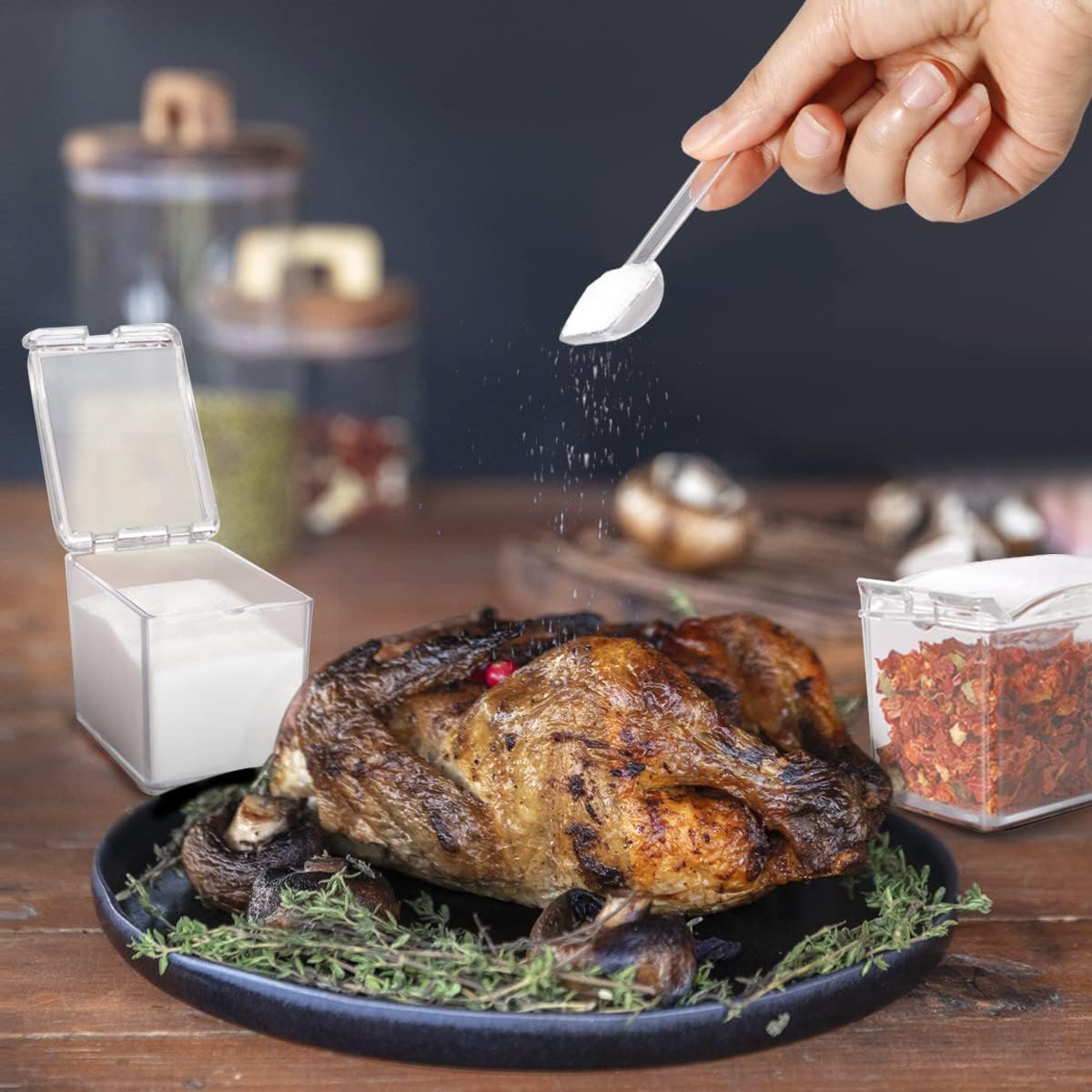 Clear Seasoning Box 4 PCS/Set, Acrylic Seasoning Rack Seasoning Storage Container Condiment Jar Spice Box Spice Jar Spice Pot Spice Rack with Spoon & Lid & Tray for Salt Pepper Sugar (#A)